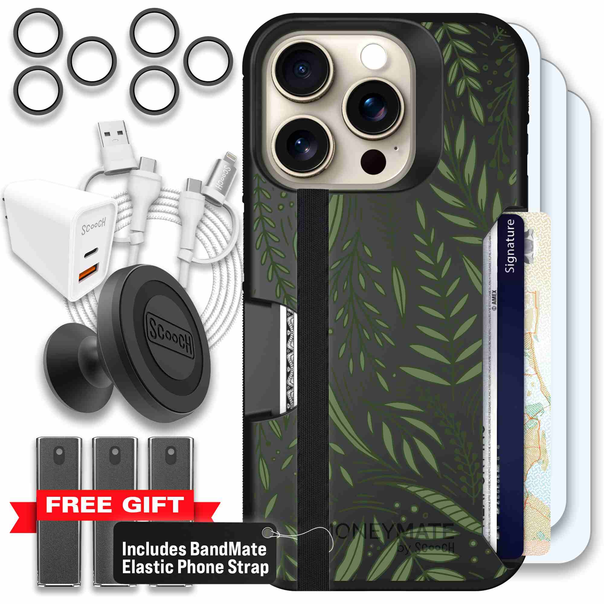 Willow Garden layered green leaves and branches on a charcoal Scooch Moneymate case for iPhone 15 Pro - Ultimate Bundle