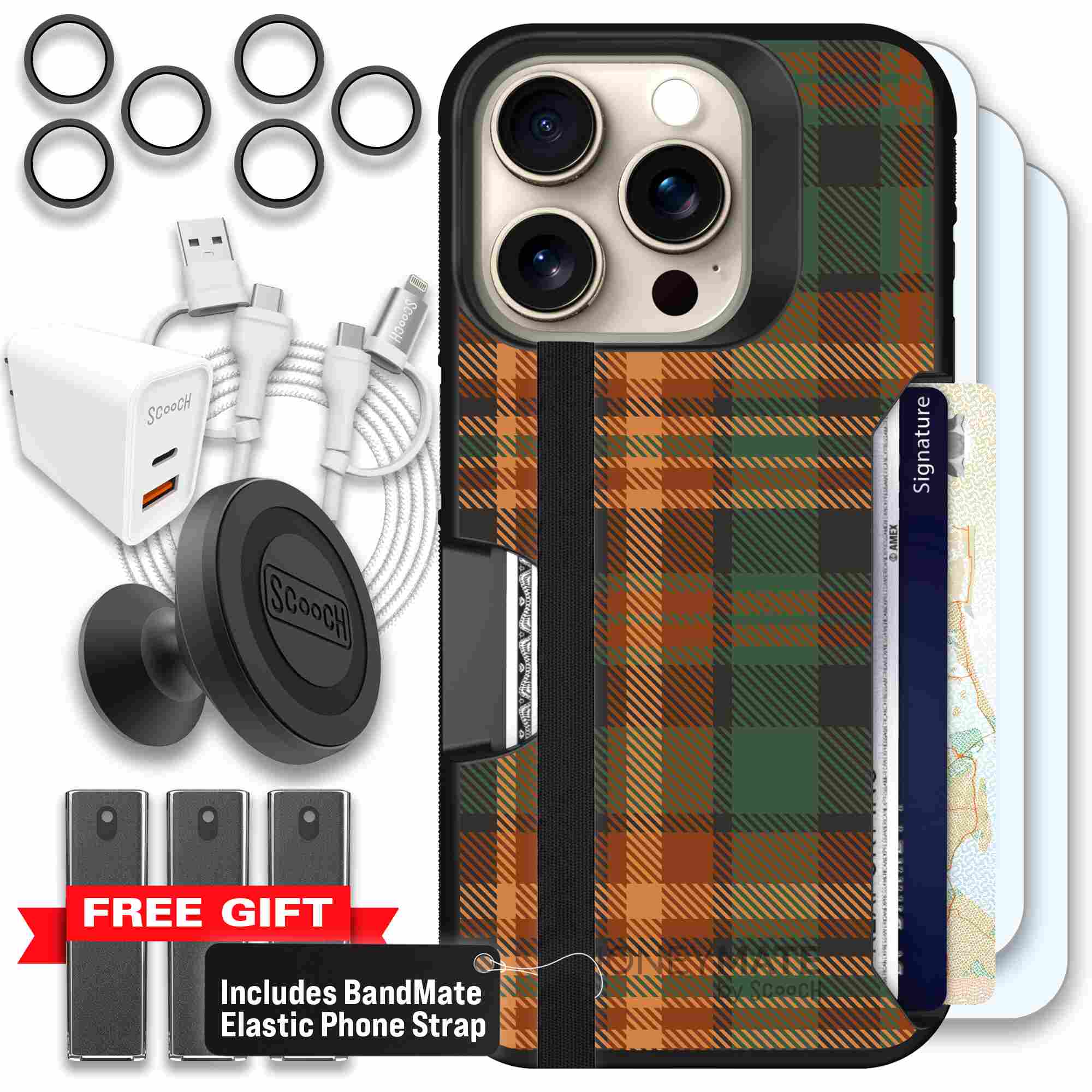 Fall Flannel orange and brown plaid pattern on a Scooch Moneymate case for iPhone 15 Pro - Ultimate Bundle