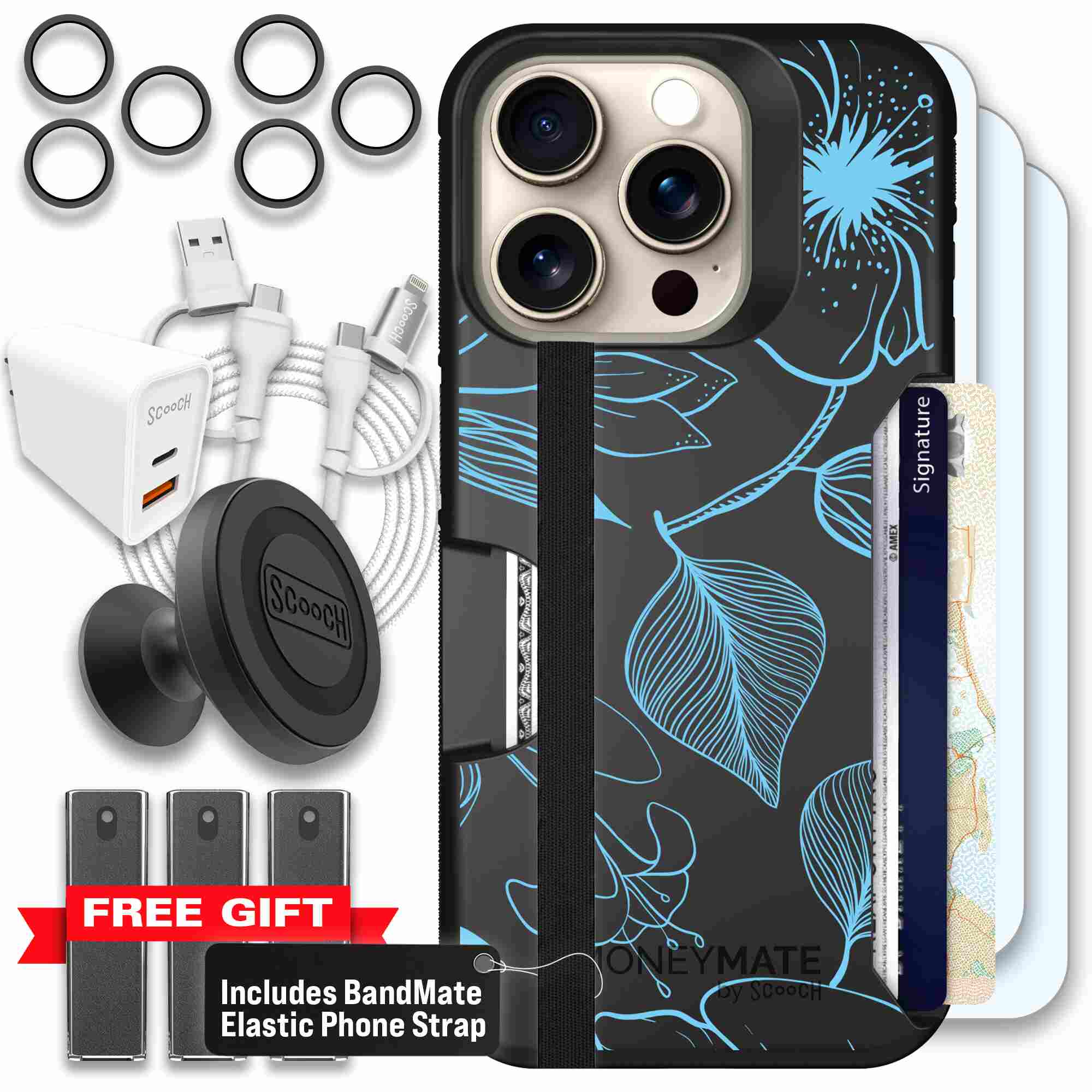 Blue Hibiscus cyan-blue tropical flower pattern on a charcoal Scooch Moneymate case for iPhone 15 Pro - Ultimate Bundle