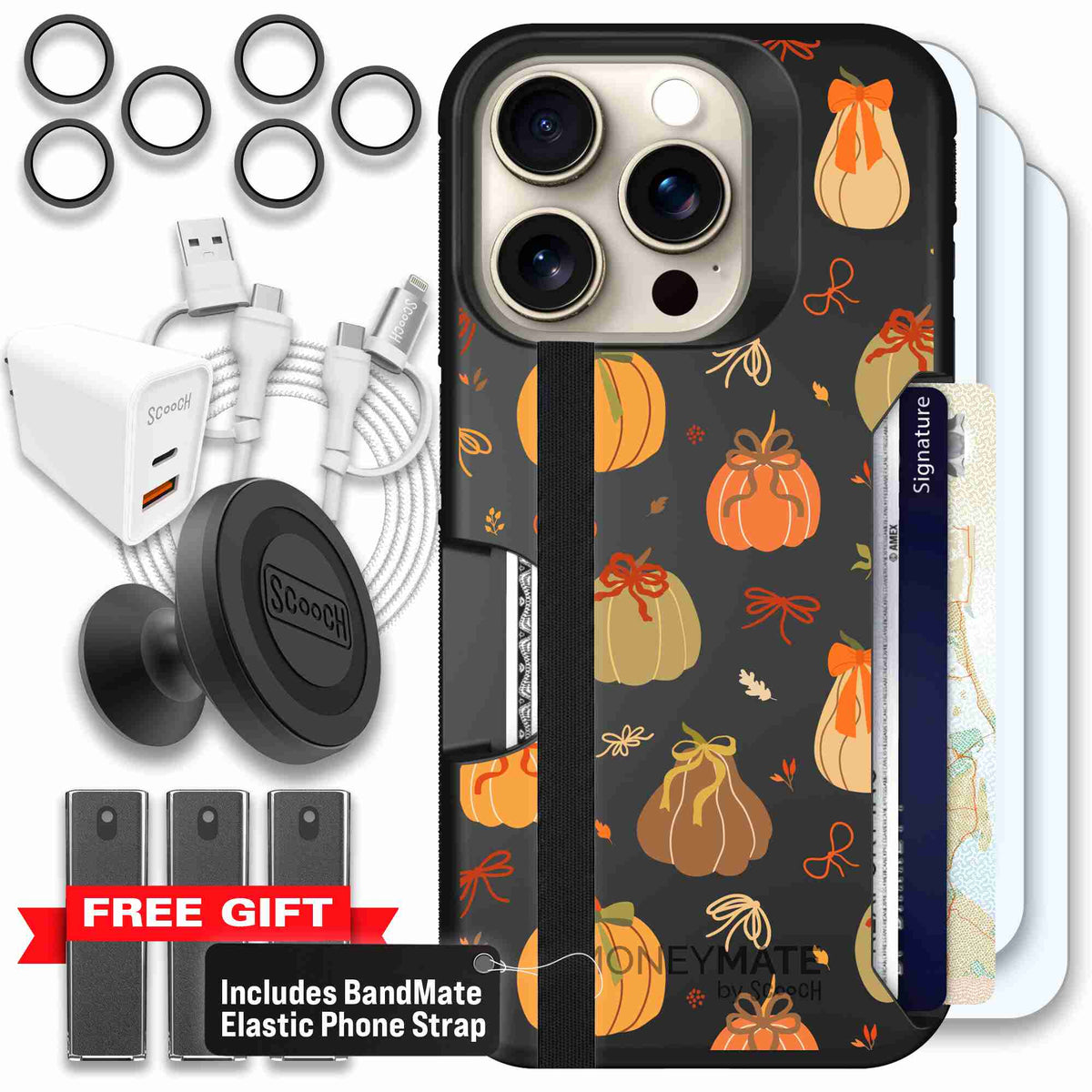 Pretty Pumpkins orange pumpkin and bow pattern on a Scooch Moneymate case for iPhone 15 Pro - Ultimate Bundle