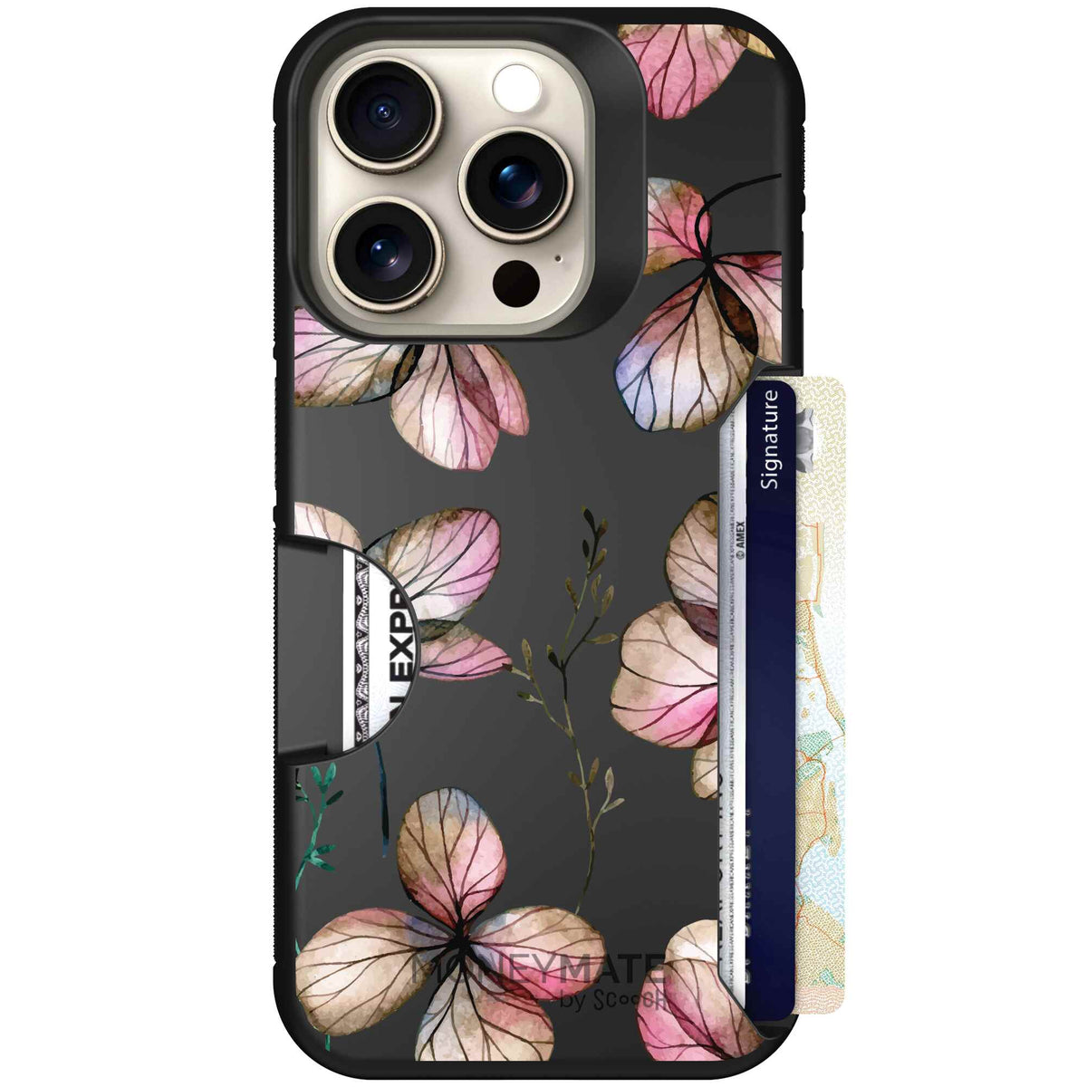 Dried Flowers blush mauve and cream floral pattern on a black Scooch Moneymate case for iPhone 15 Pro