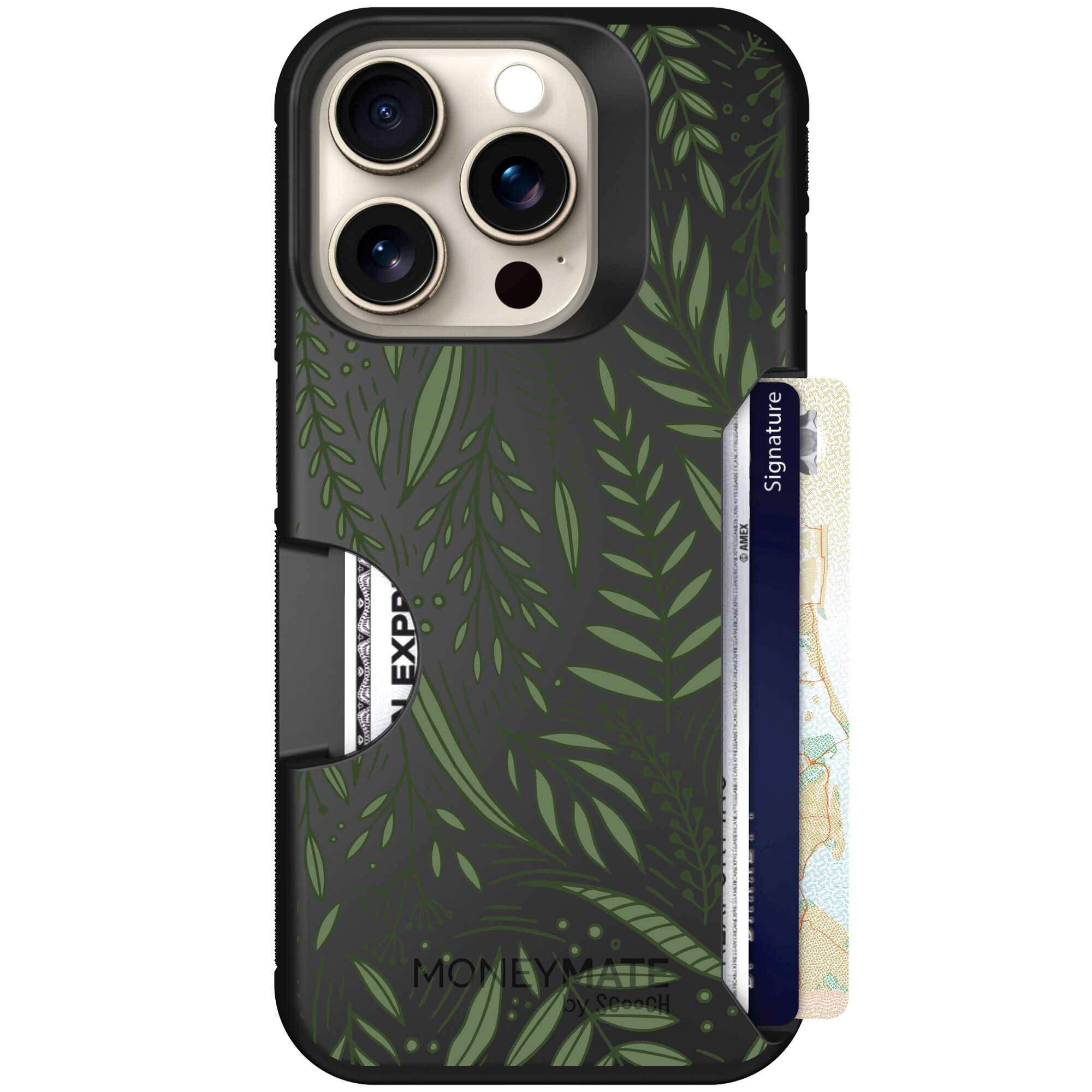 Willow Garden layered green leaves and branches on a charcoal Scooch Moneymate case for iPhone 15 Pro