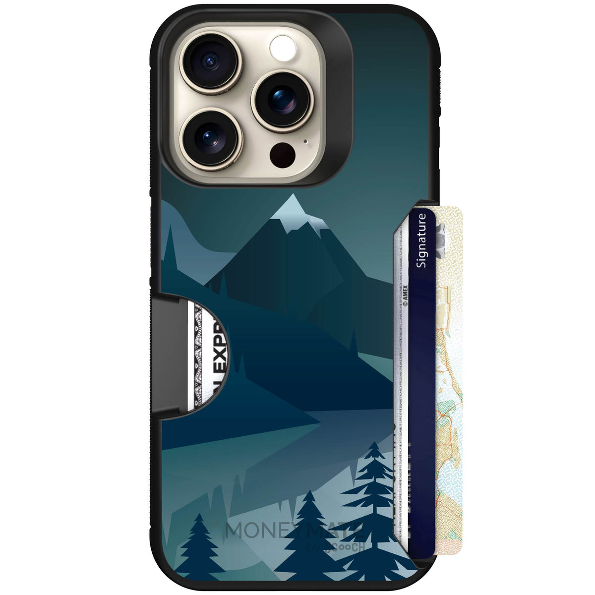 Midnight Ridge layered blue mountains and evergreen trees on a Scooch Moneymate case for iPhone 15 Pro