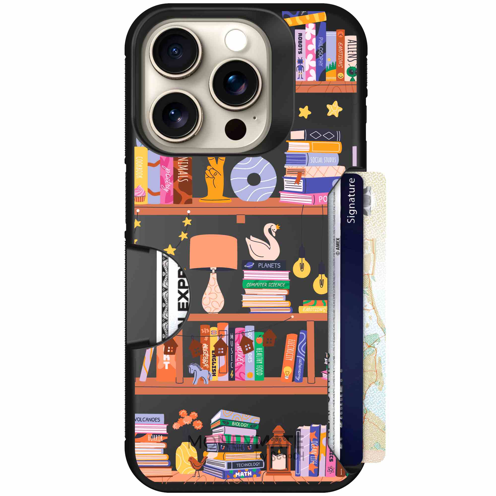 Little Library colorful book and bookshelf pattern on a Scooch Moneymate case for iPhone 15 Pro