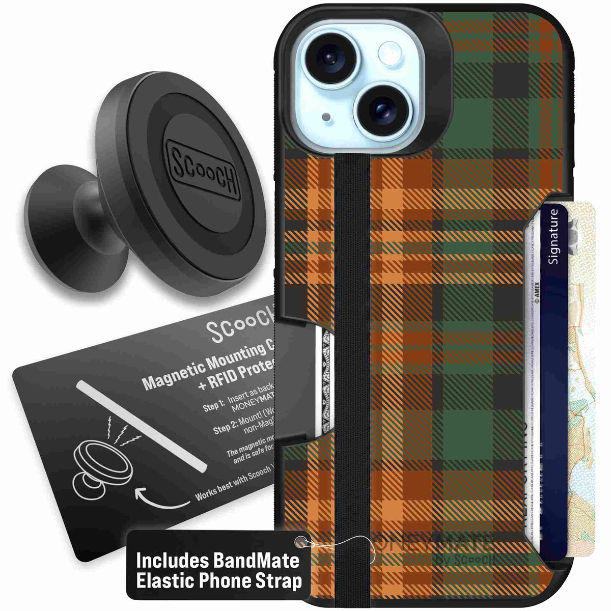 Fall Flannel orange and brown plaid pattern on a Scooch Moneymate case for iPhone 15 - Starter Bundle
