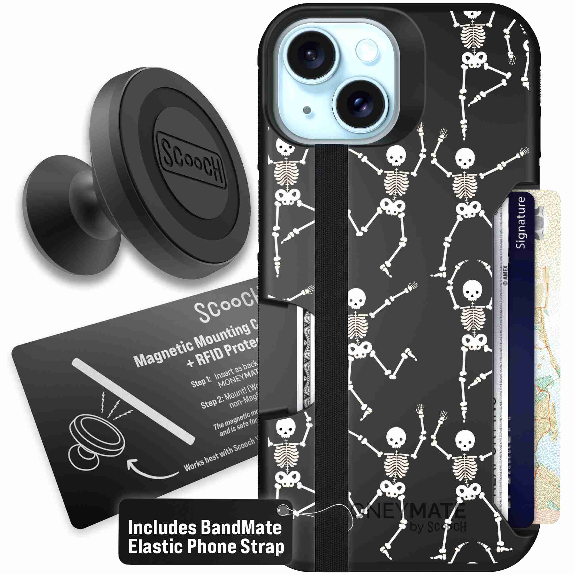 Swinging Skeletons white dancing skeleton pattern on a black Scooch Moneymate case for iPhone 15 - Starter Bundle