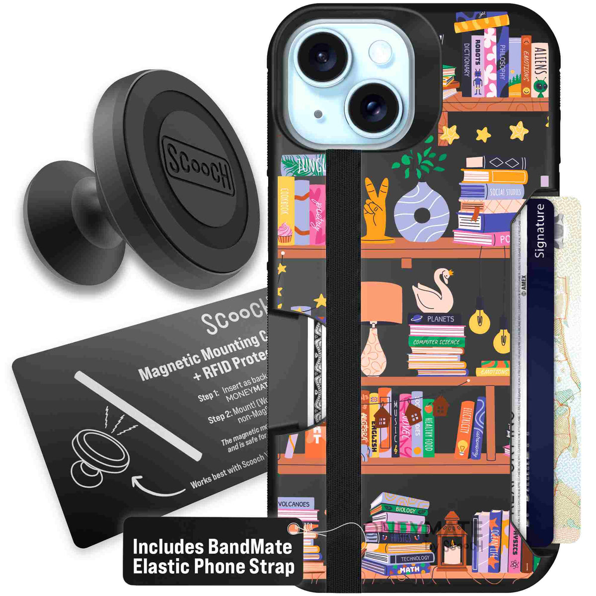 Little Library colorful book and bookshelf pattern on a Scooch Moneymate case for iPhone 15 - Starter Bundle