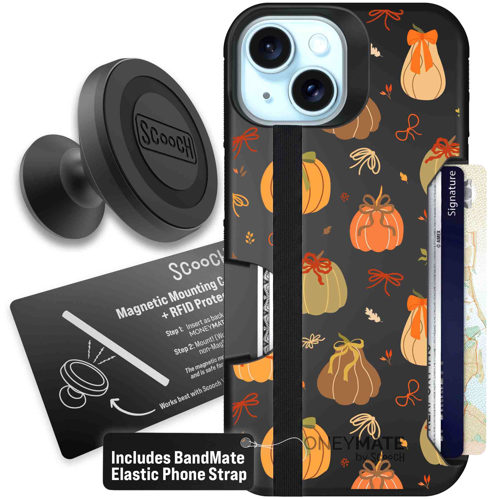 Pretty Pumpkins orange pumpkin and bow pattern on a Scooch Moneymate case for iPhone 15 - Starter Bundle