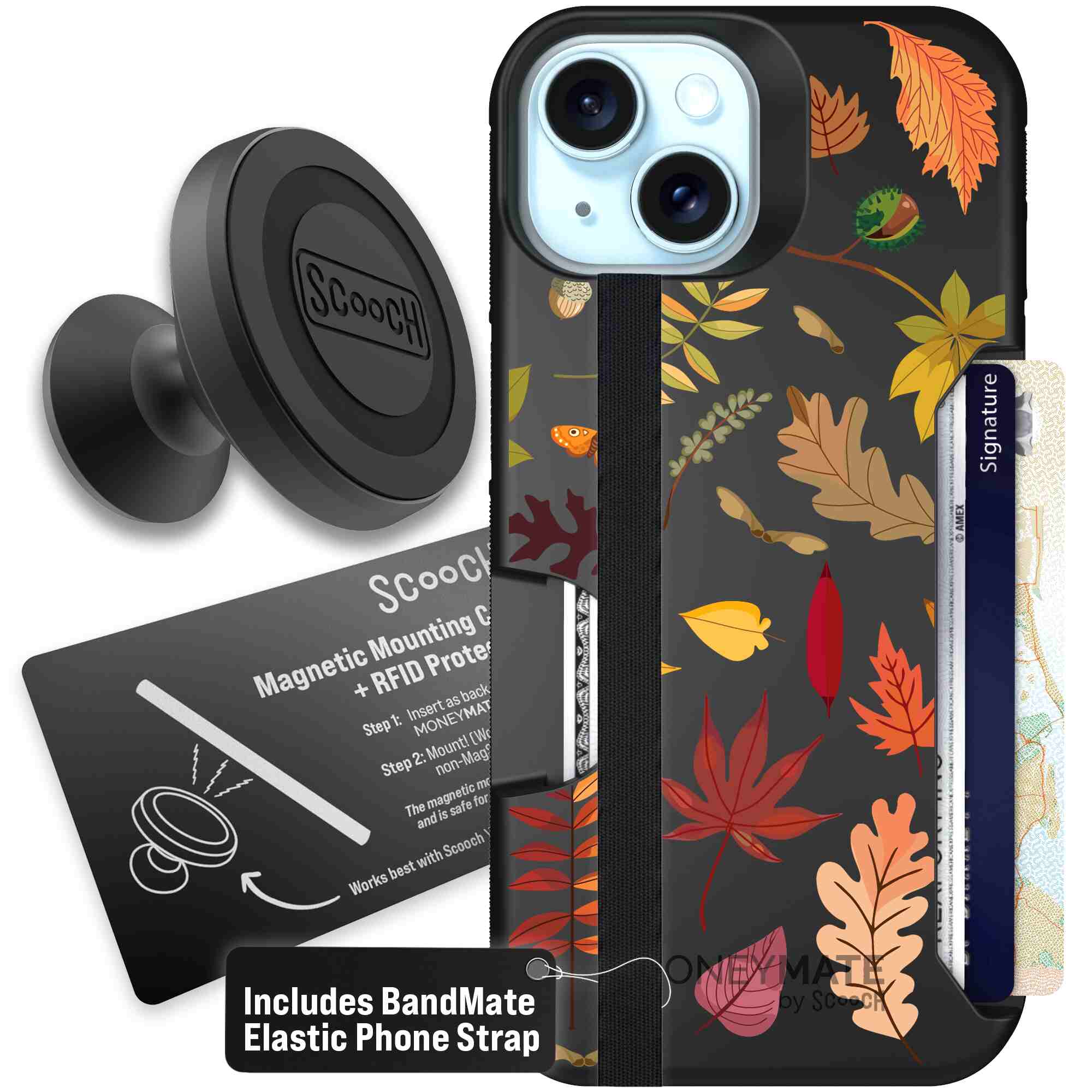 Autumn Leaves multicolored fall foliage pattern on a charcoal Scooch Moneymate case for iPhone 15 - Starter Bundle