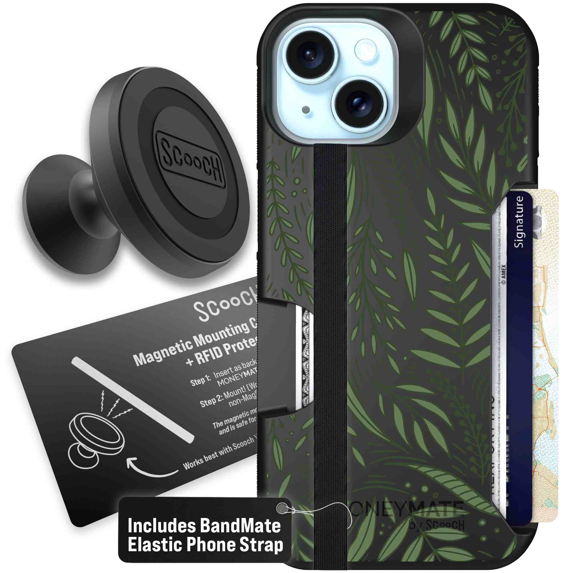 Willow Garden layered green leaves and branches on a charcoal Scooch Moneymate case for iPhone 15 - Starter Bundle