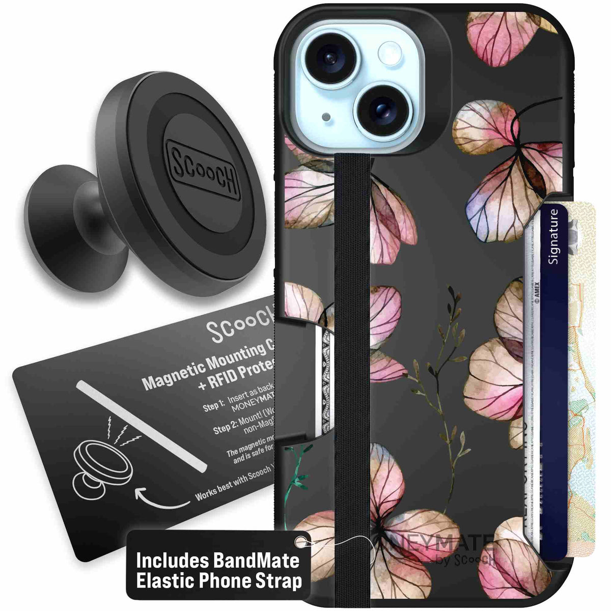 Dried Flowers blush mauve and cream floral pattern on a black Scooch Moneymate case for iPhone 15 - Starter Bundle