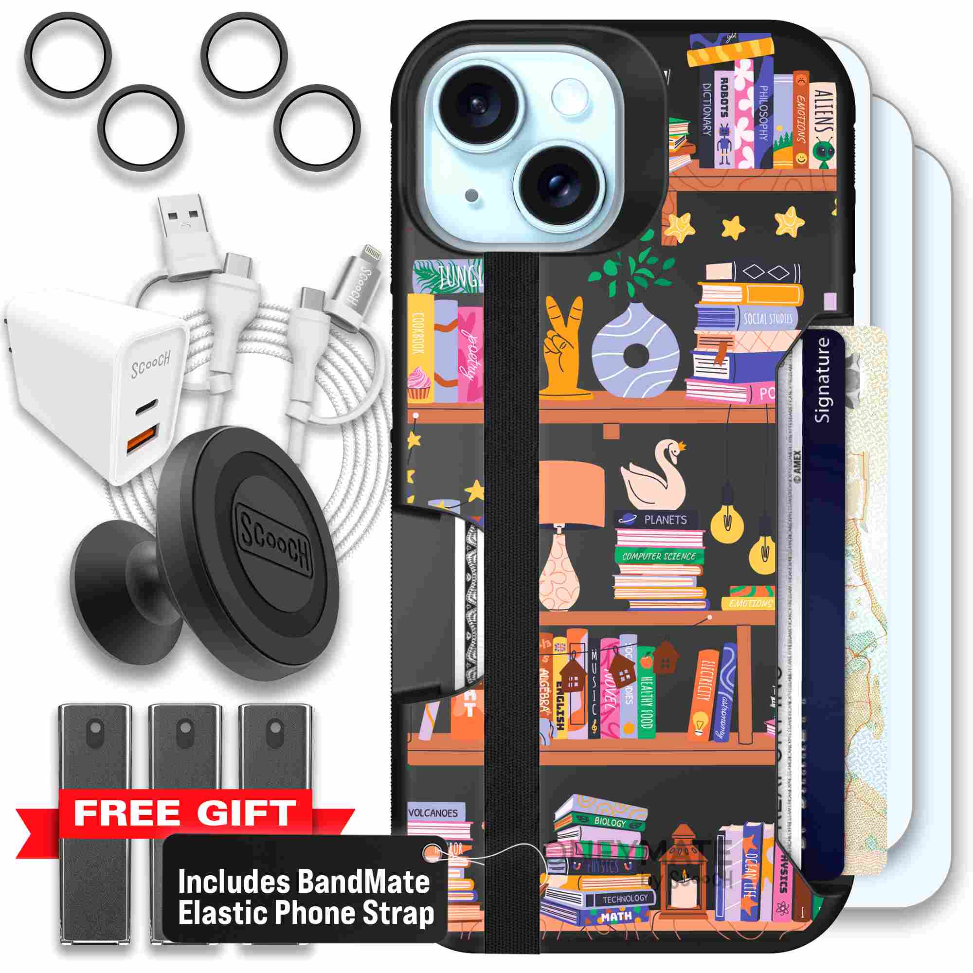 Little Library colorful book and bookshelf pattern on a Scooch Moneymate case for iPhone 15 - Ultimate Bundle