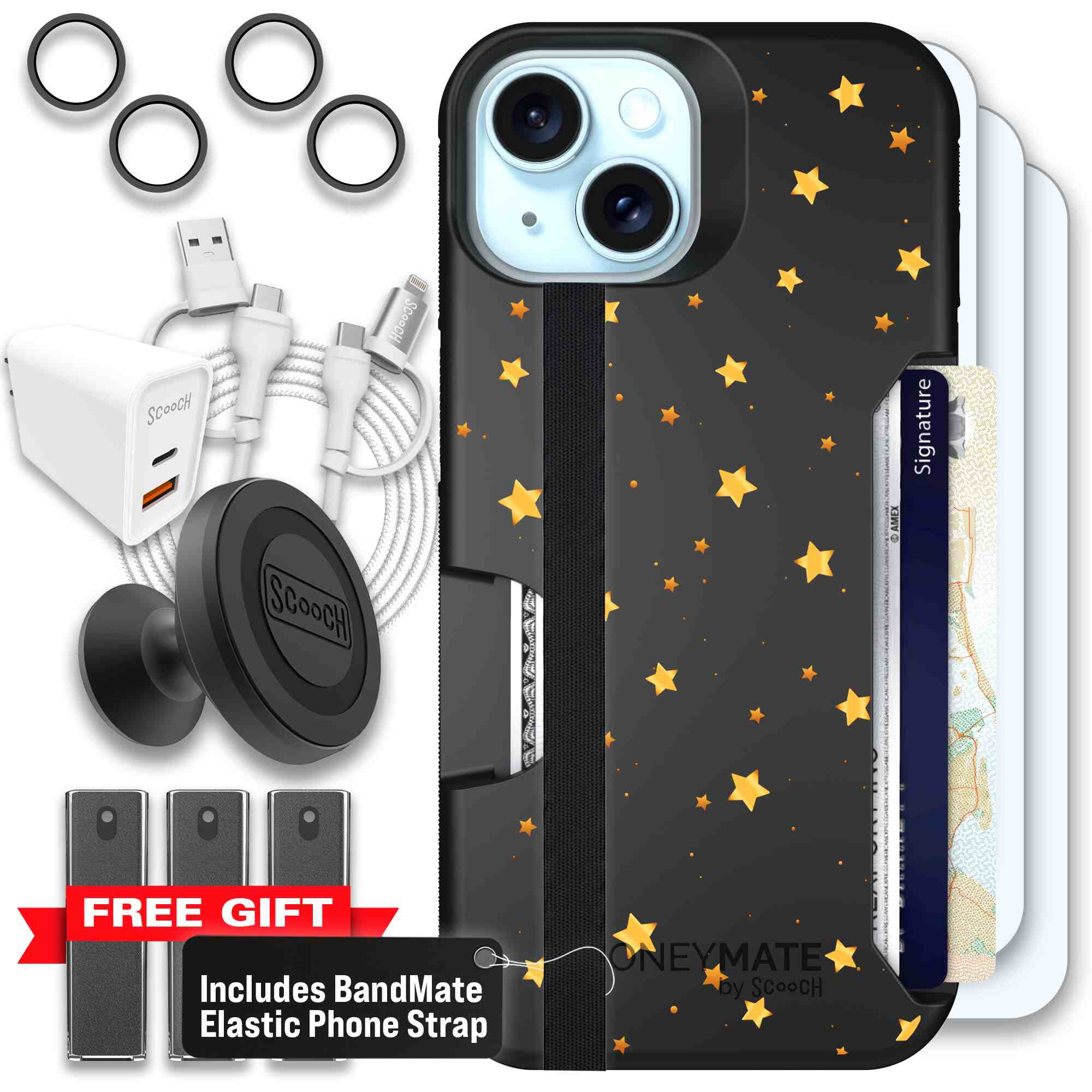 Gold Stars yellow and gold star pattern on a charcoal Scooch Moneymate case for iPhone 15 - Ultimate Bundle