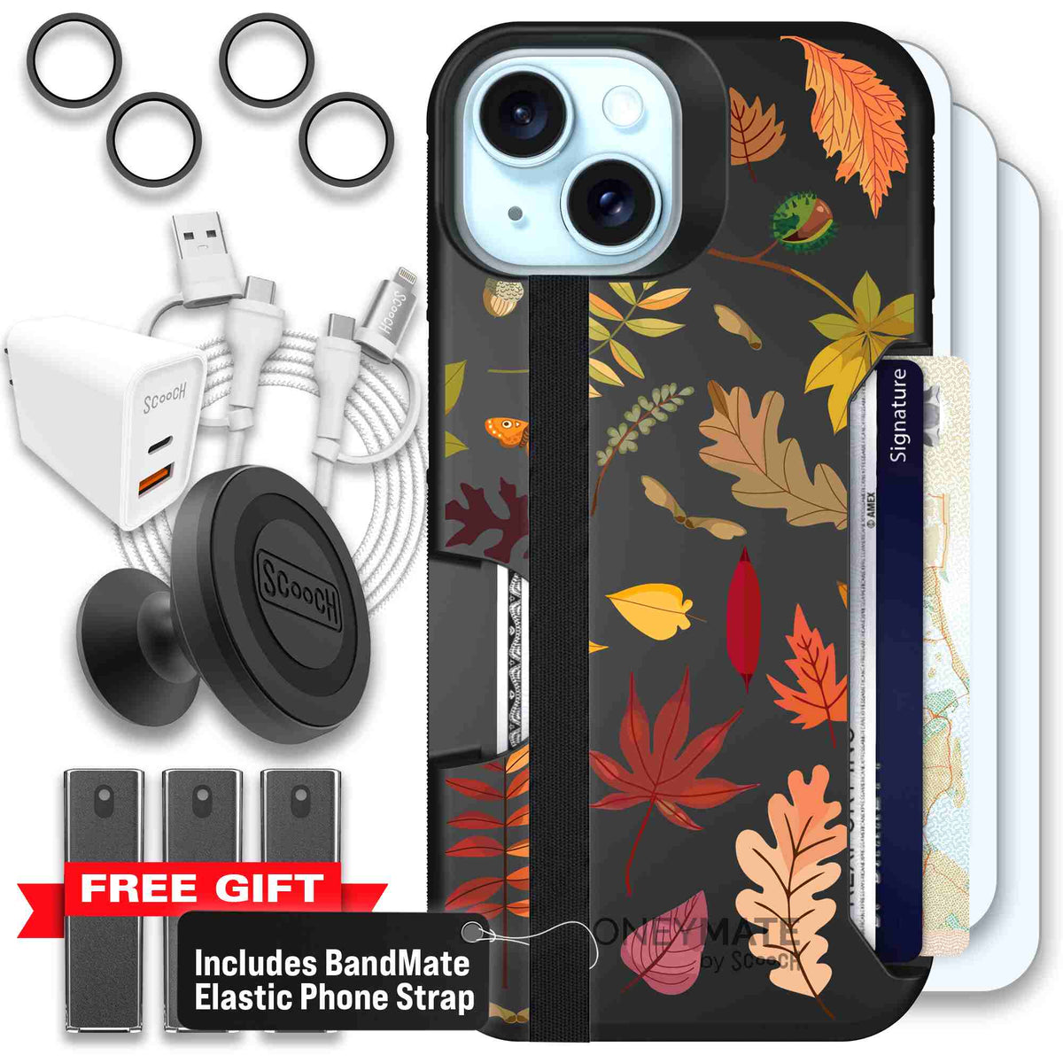 Autumn Leaves multicolored fall foliage pattern on a charcoal Scooch Moneymate case for iPhone 15 - Ultimate Bundle