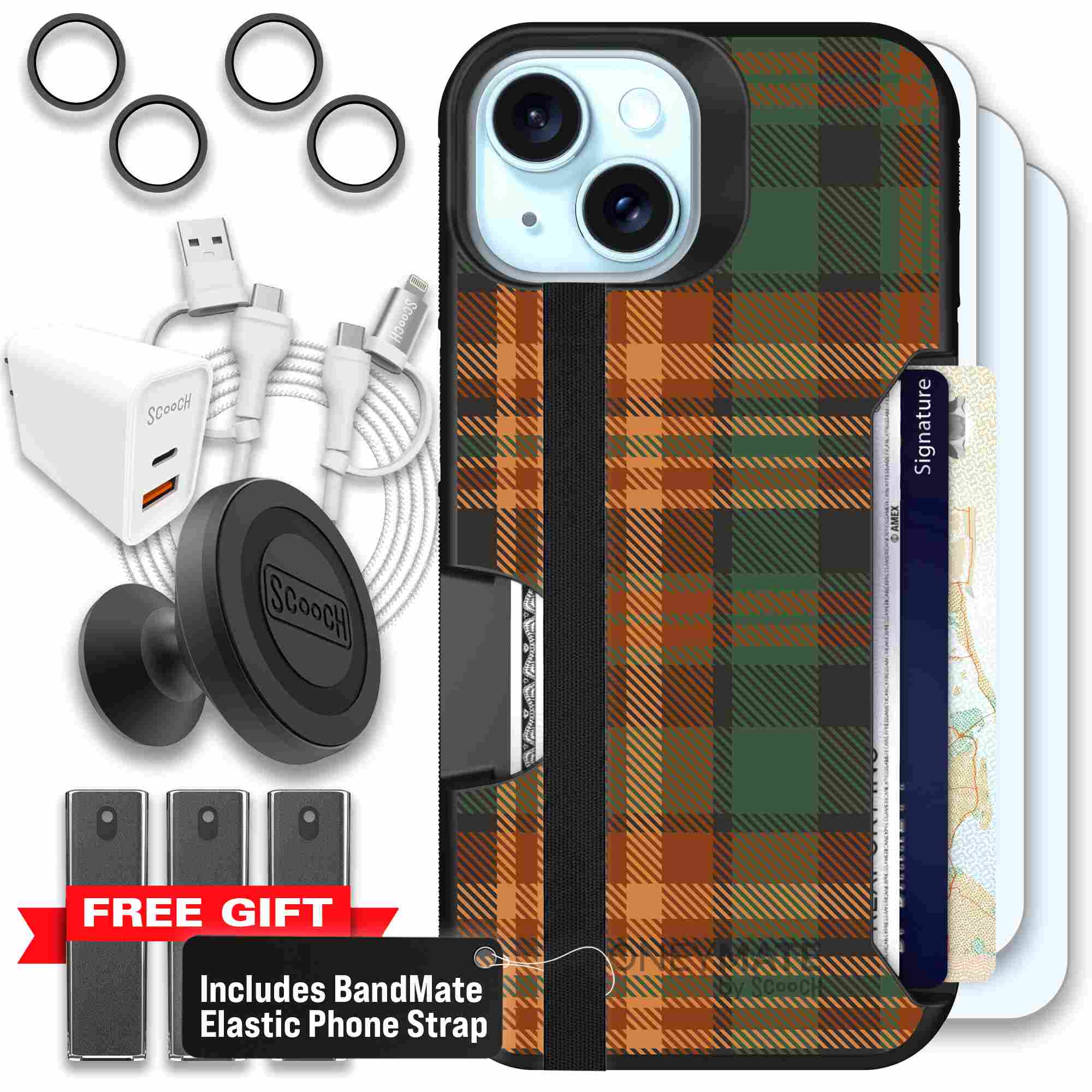 Fall Flannel orange and brown plaid pattern on a Scooch Moneymate case for iPhone 15 - Ultimate Bundle