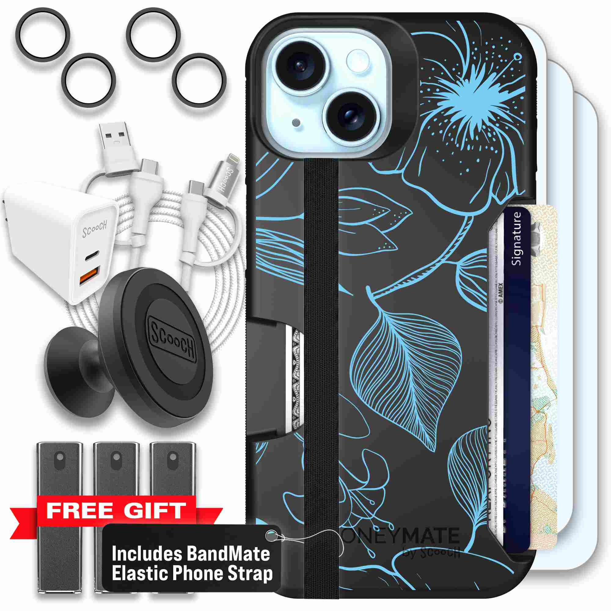 Blue Hibiscus cyan-blue tropical flower pattern on a charcoal Scooch Moneymate case for iPhone 15 - Ultimate Bundle