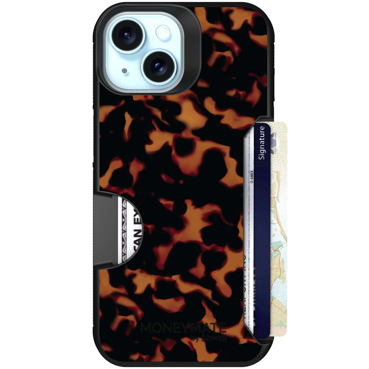 Tortoise Shell amber brown and black mottled pattern on a Scooch Moneymate case for iPhone 15