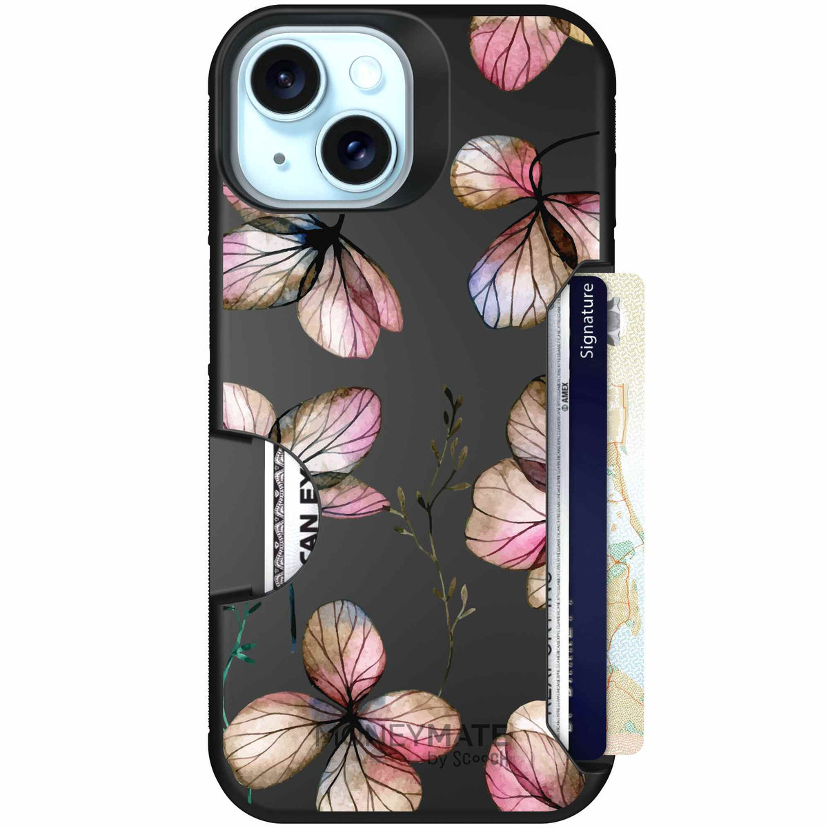 Dried Flowers blush mauve and cream floral pattern on a black Scooch Moneymate case for iPhone 15
