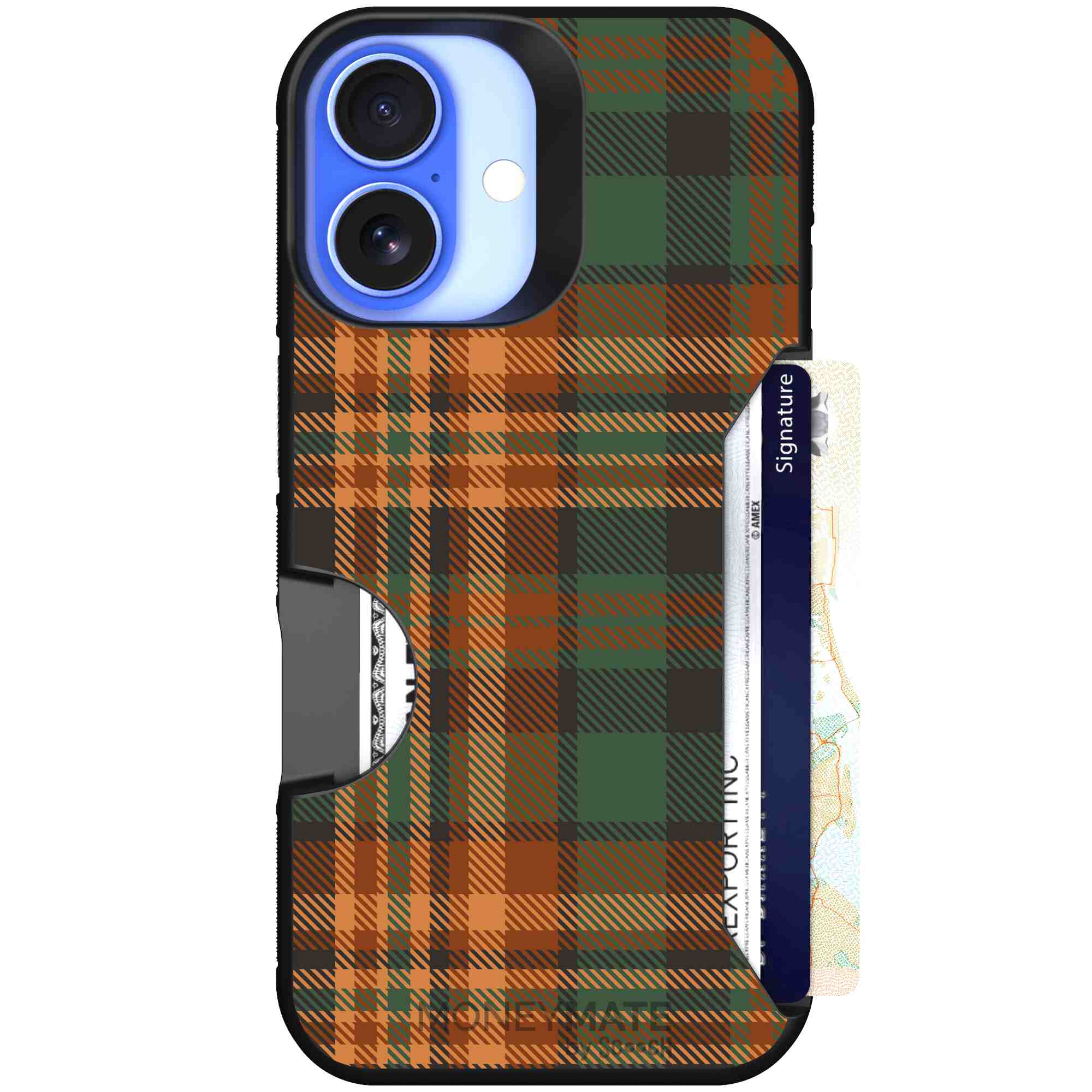 Fall Flannel orange and brown plaid pattern on a Scooch Moneymate case for iPhone 16