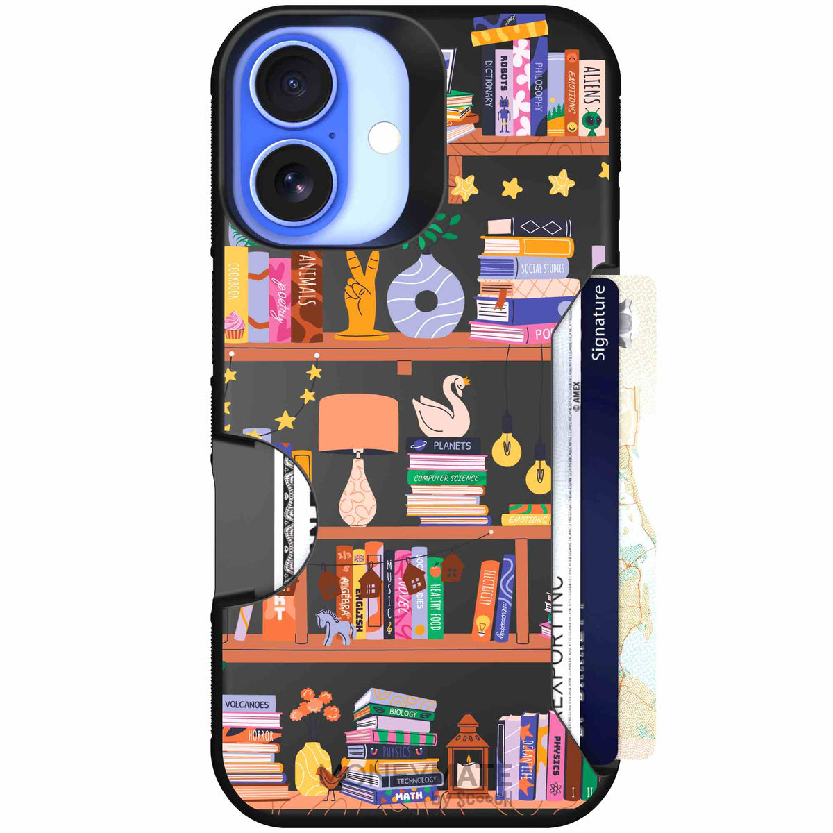 Little Library colorful book and bookshelf pattern on a Scooch Moneymate case for iPhone 16