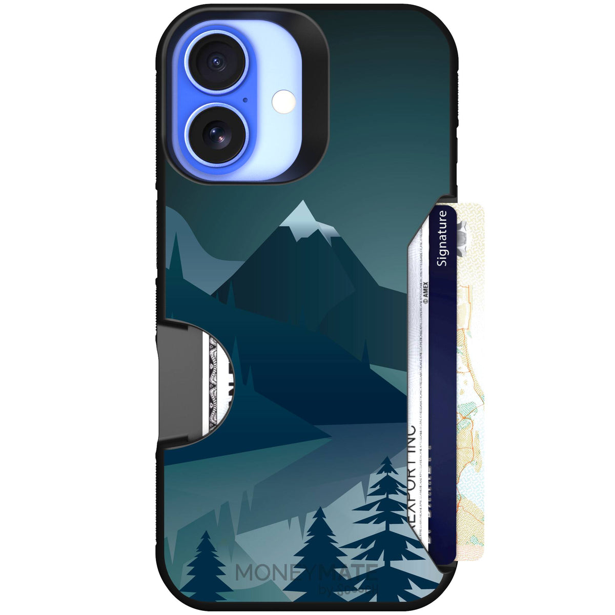 Midnight Ridge layered blue mountains and evergreen trees on a Scooch Moneymate case for iPhone 16
