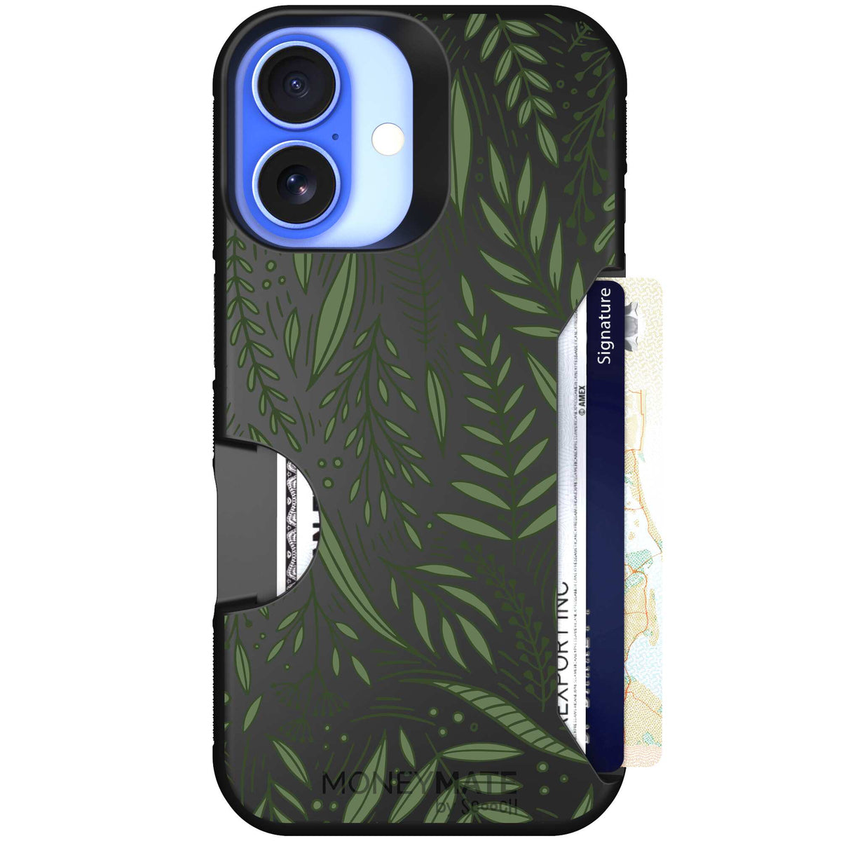 Willow Garden layered green leaves and branches on a charcoal Scooch Moneymate case for iPhone 16