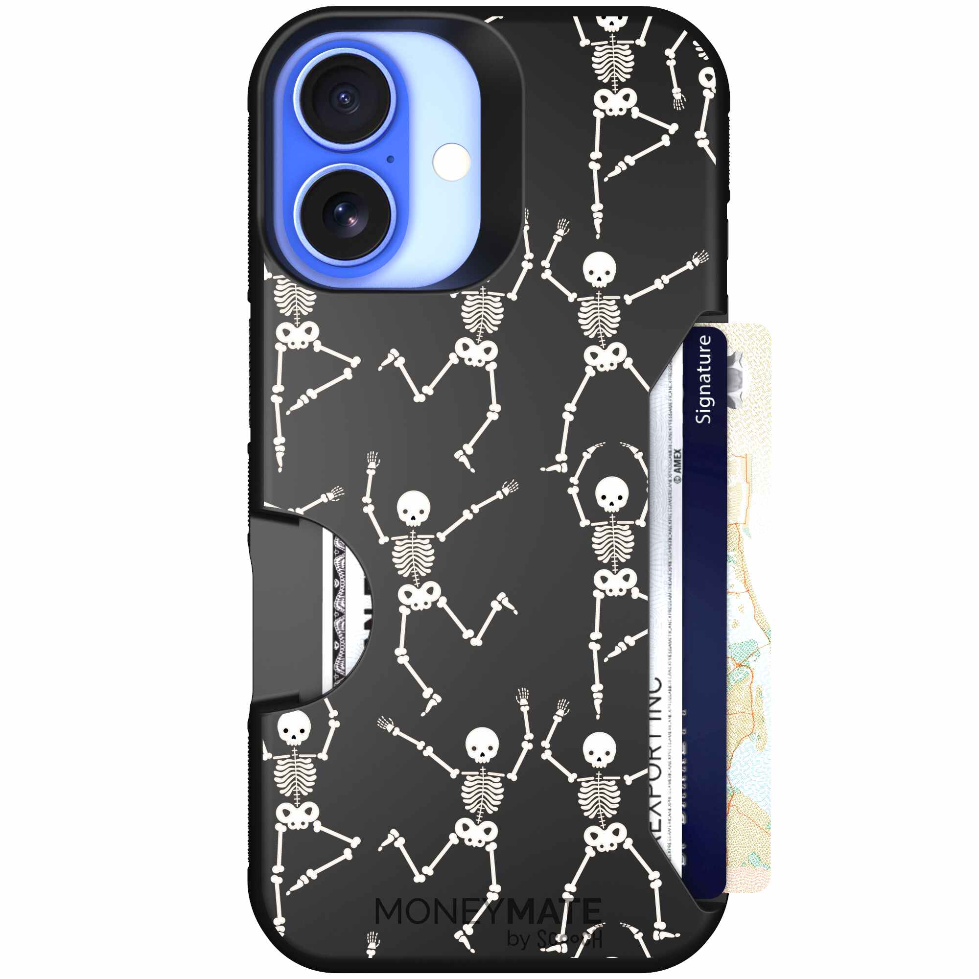 Swinging Skeletons white dancing skeleton pattern on a black Scooch Moneymate case for iPhone 16