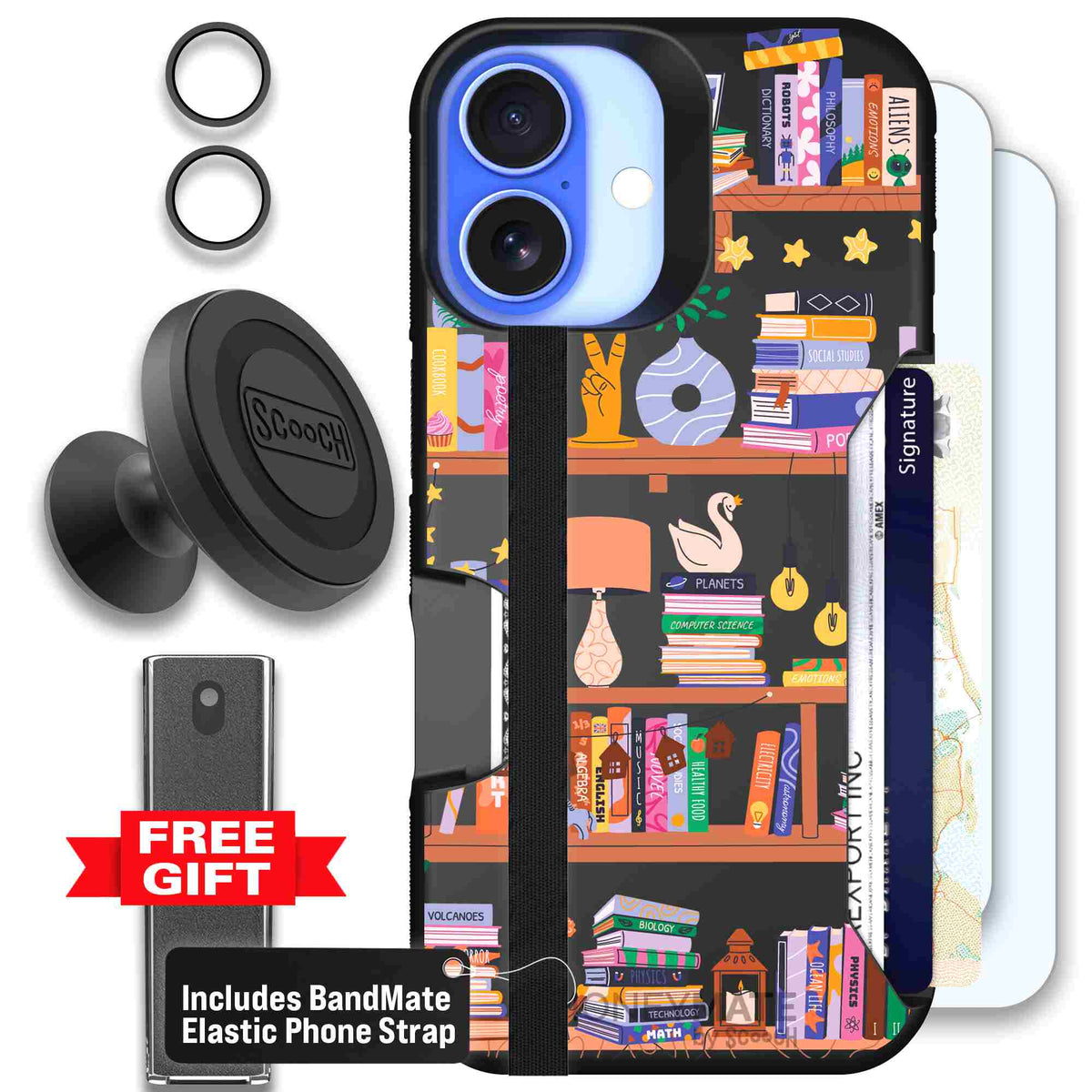 Little Library colorful book and bookshelf pattern on a Scooch Moneymate case for iPhone 16 - Defender Bundle