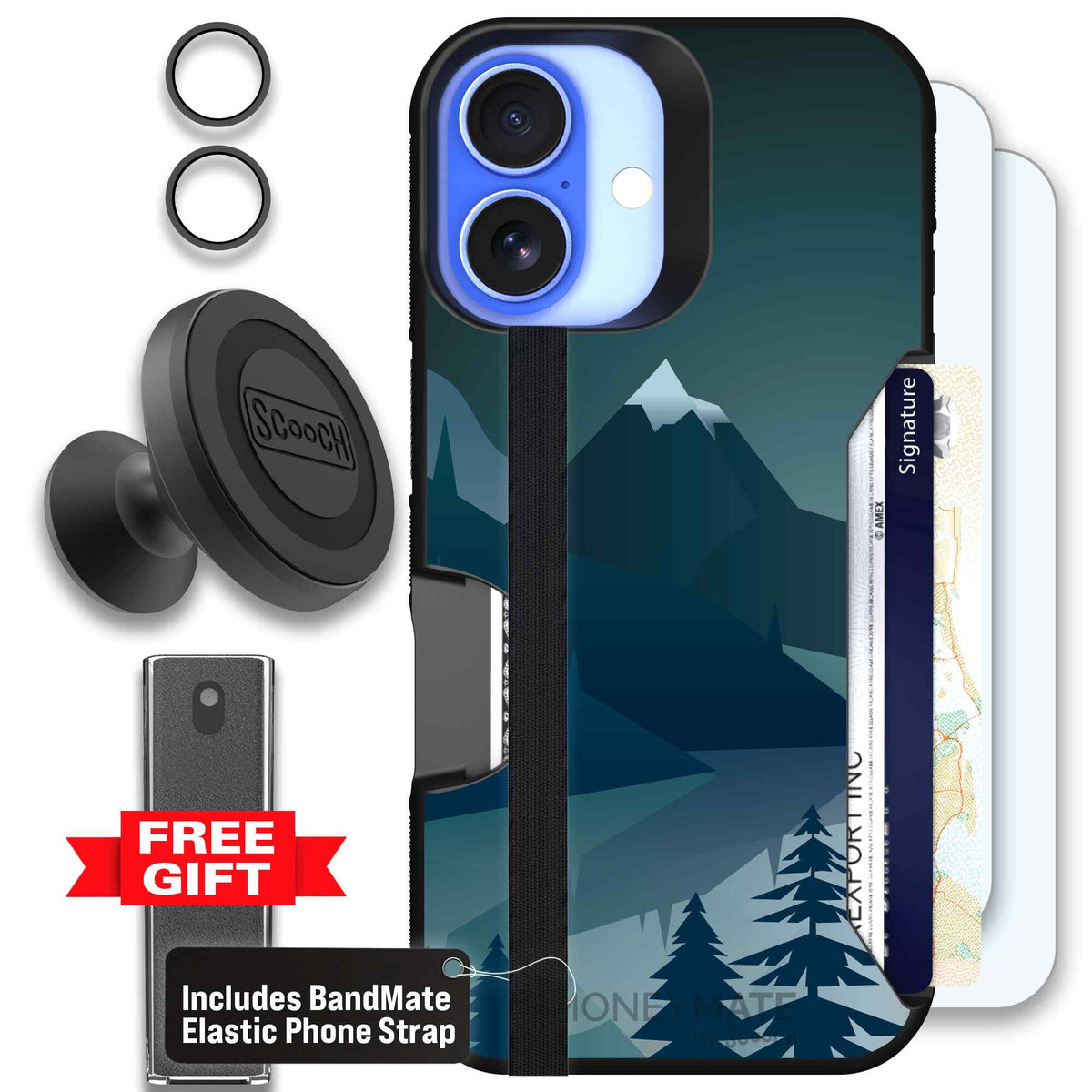 Midnight Ridge layered blue mountains and evergreen trees on a Scooch Moneymate case for iPhone 16 - Defender Bundle
