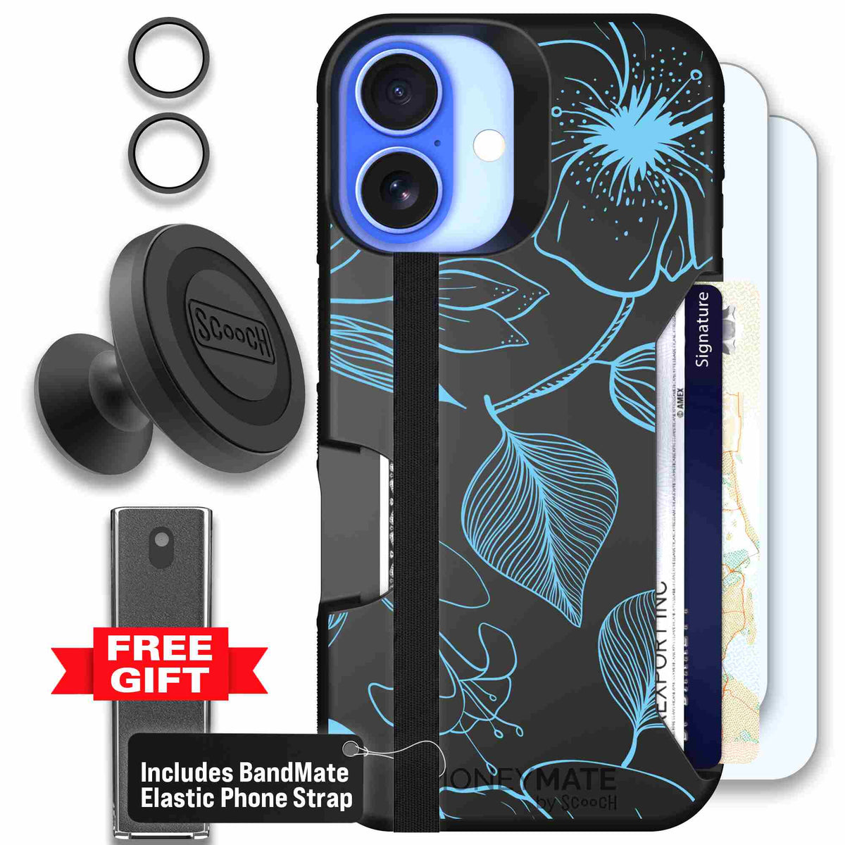 Blue Hibiscus cyan-blue tropical flower pattern on a charcoal Scooch Moneymate case for iPhone 16 - Defender Bundle