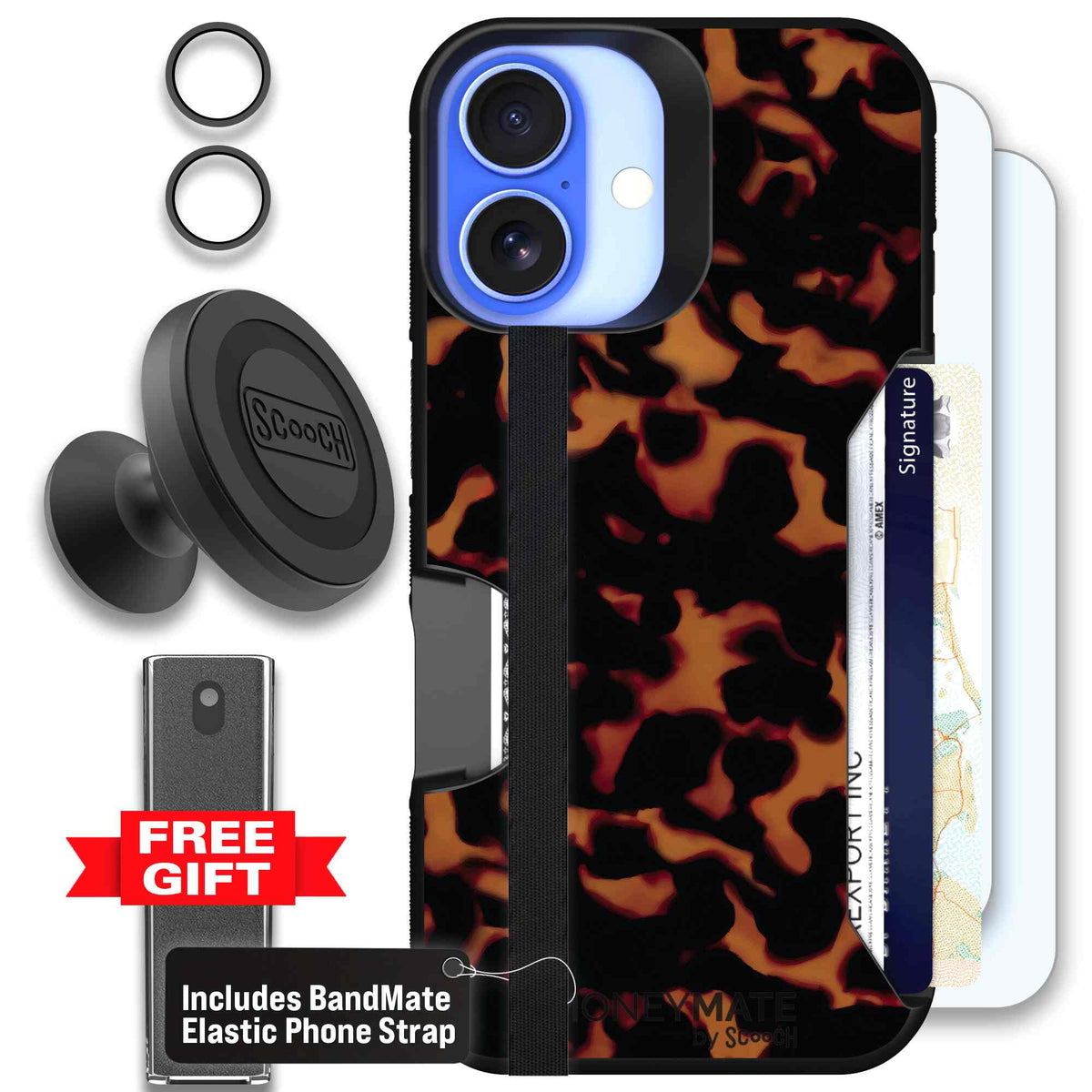 Tortoise Shell amber brown and black mottled pattern on a Scooch Moneymate case for iPhone 16 - Defender Bundle