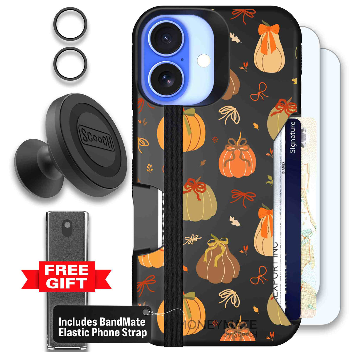 Pretty Pumpkins orange pumpkin and bow pattern on a Scooch Moneymate case for iPhone 16 - Defender Bundle