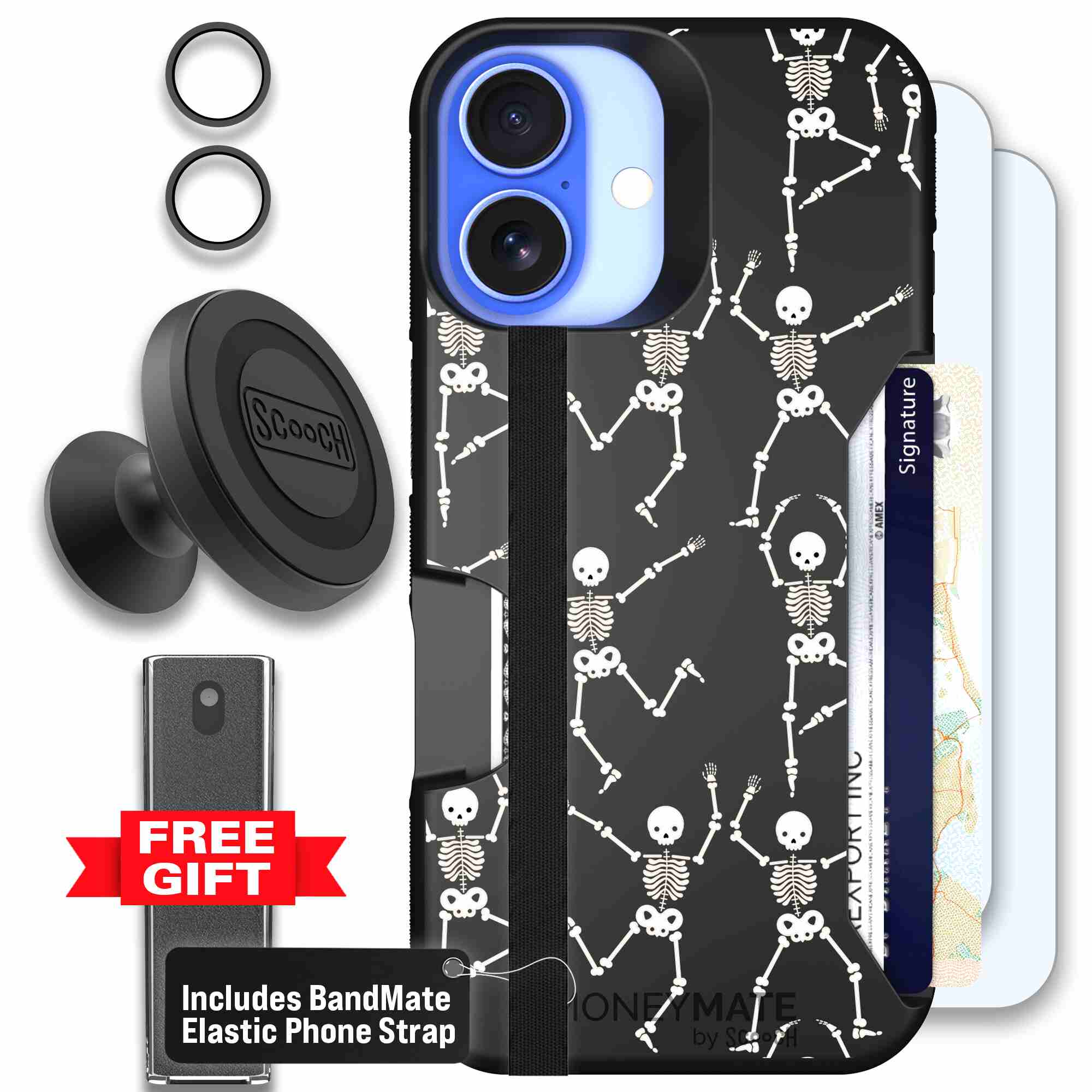 Swinging Skeletons white dancing skeleton pattern on a black Scooch Moneymate case for iPhone 16 - Defender Bundle