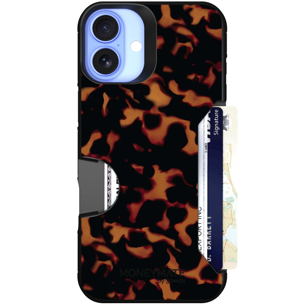 Tortoise Shell amber brown and black mottled pattern on a Scooch Moneymate case for iPhone 16 Plus