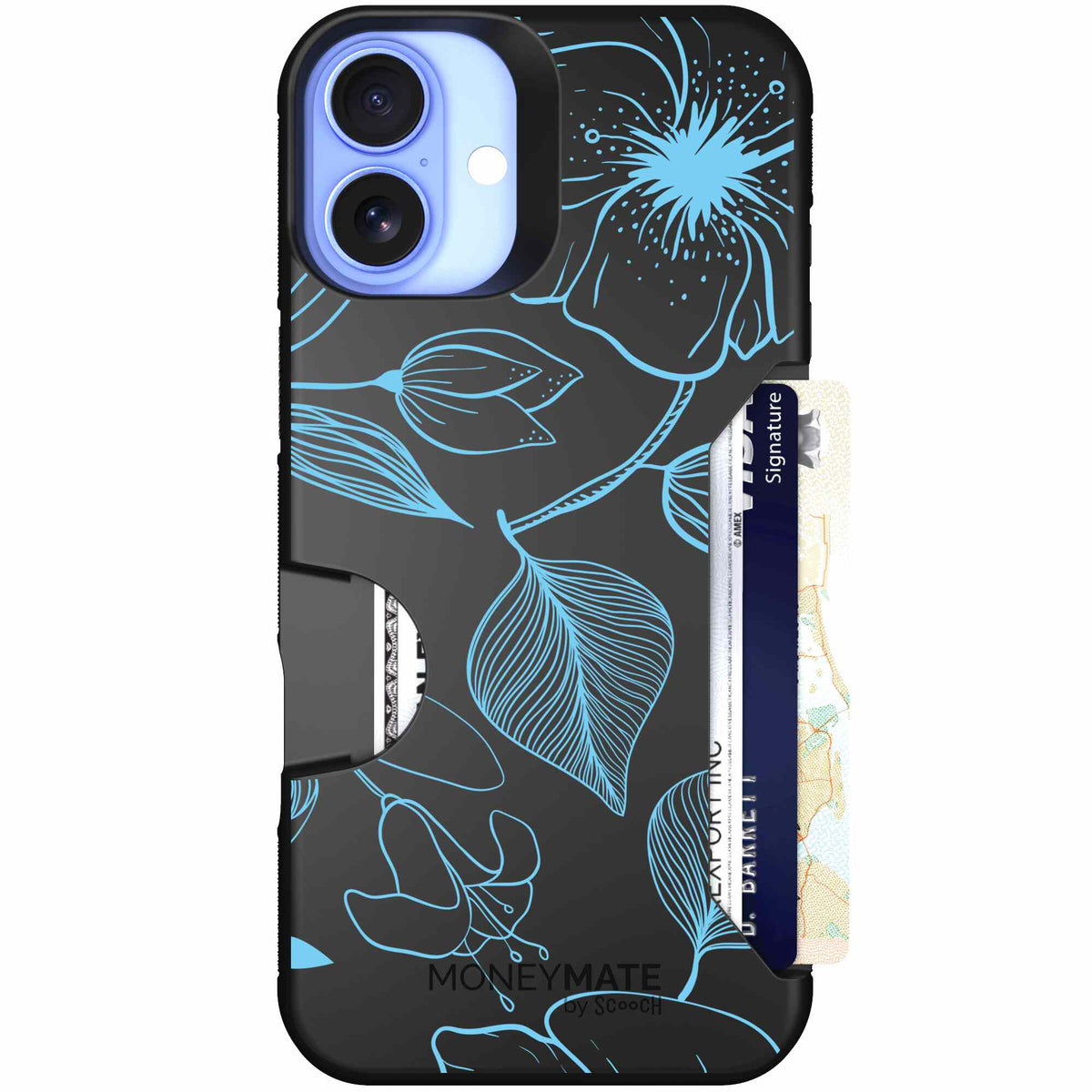 Blue Hibiscus cyan-blue tropical flower pattern on a charcoal Scooch Moneymate case for iPhone 16 Plus