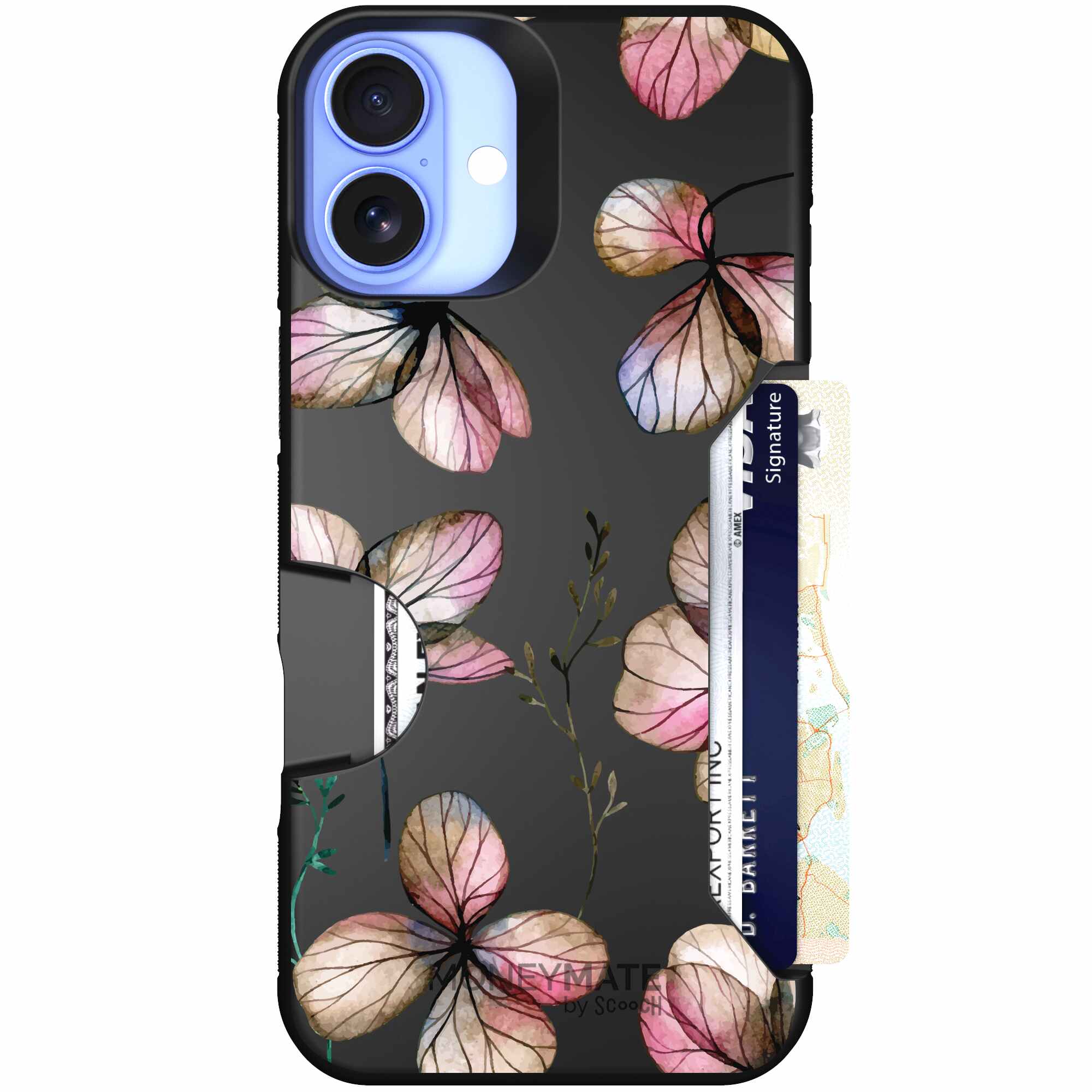 Dried Flowers blush mauve and cream floral pattern on a black Scooch Moneymate case for iPhone 16 Plus