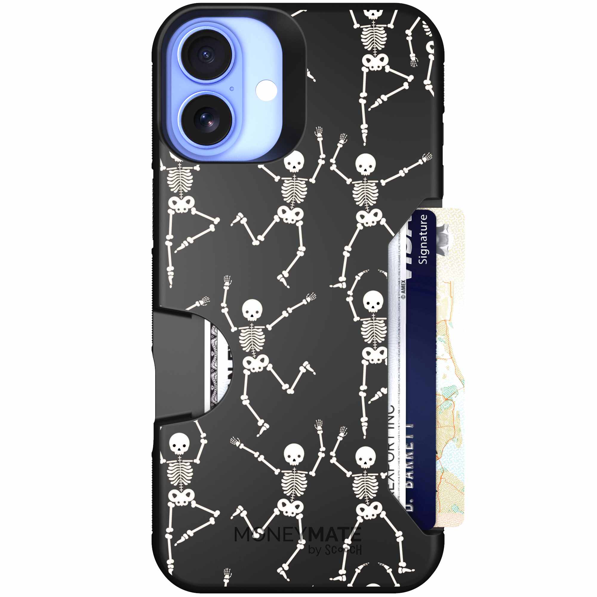 Swinging Skeletons white dancing skeleton pattern on a black Scooch Moneymate case for iPhone 16 Plus