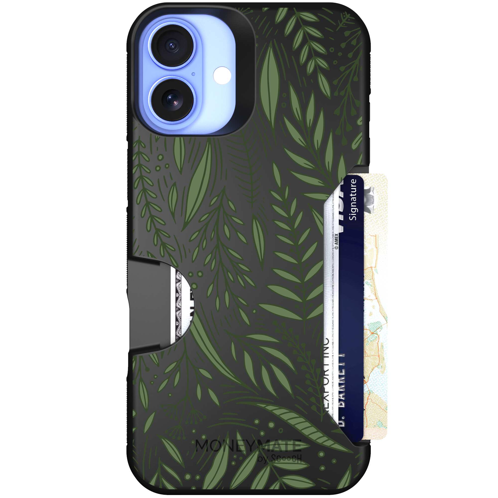 Willow Garden layered green leaves and branches on a charcoal Scooch Moneymate case for iPhone 16 Plus