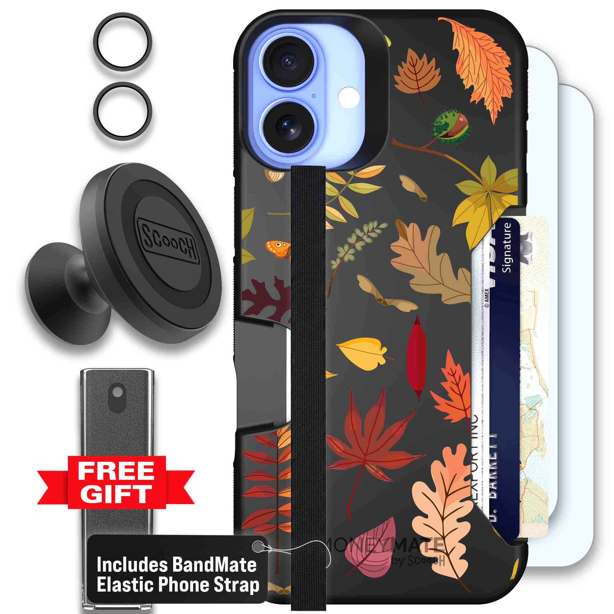 Autumn Leaves multicolored fall foliage pattern on a charcoal Scooch Moneymate case for iPhone 16 Plus - Defender Bundle