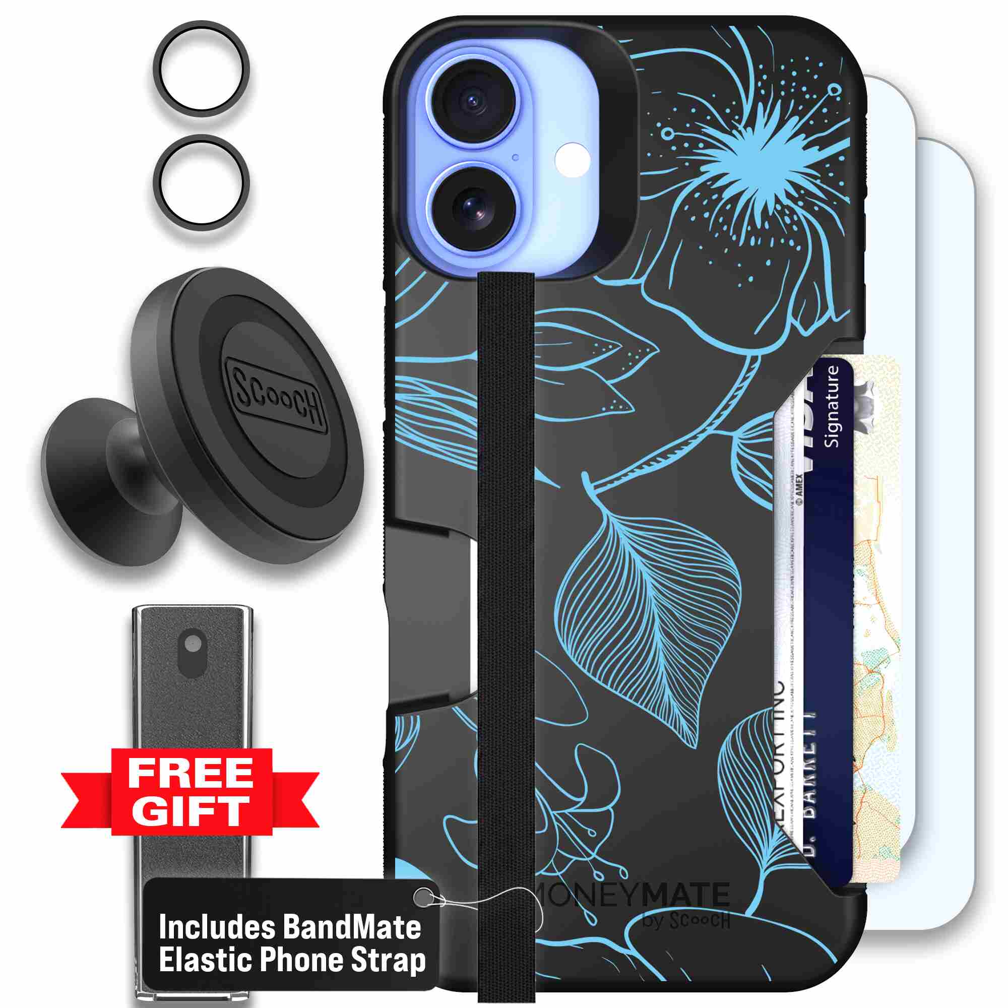 Blue Hibiscus cyan-blue tropical flower pattern on a charcoal Scooch Moneymate case for iPhone 16 Plus - Defender Bundle