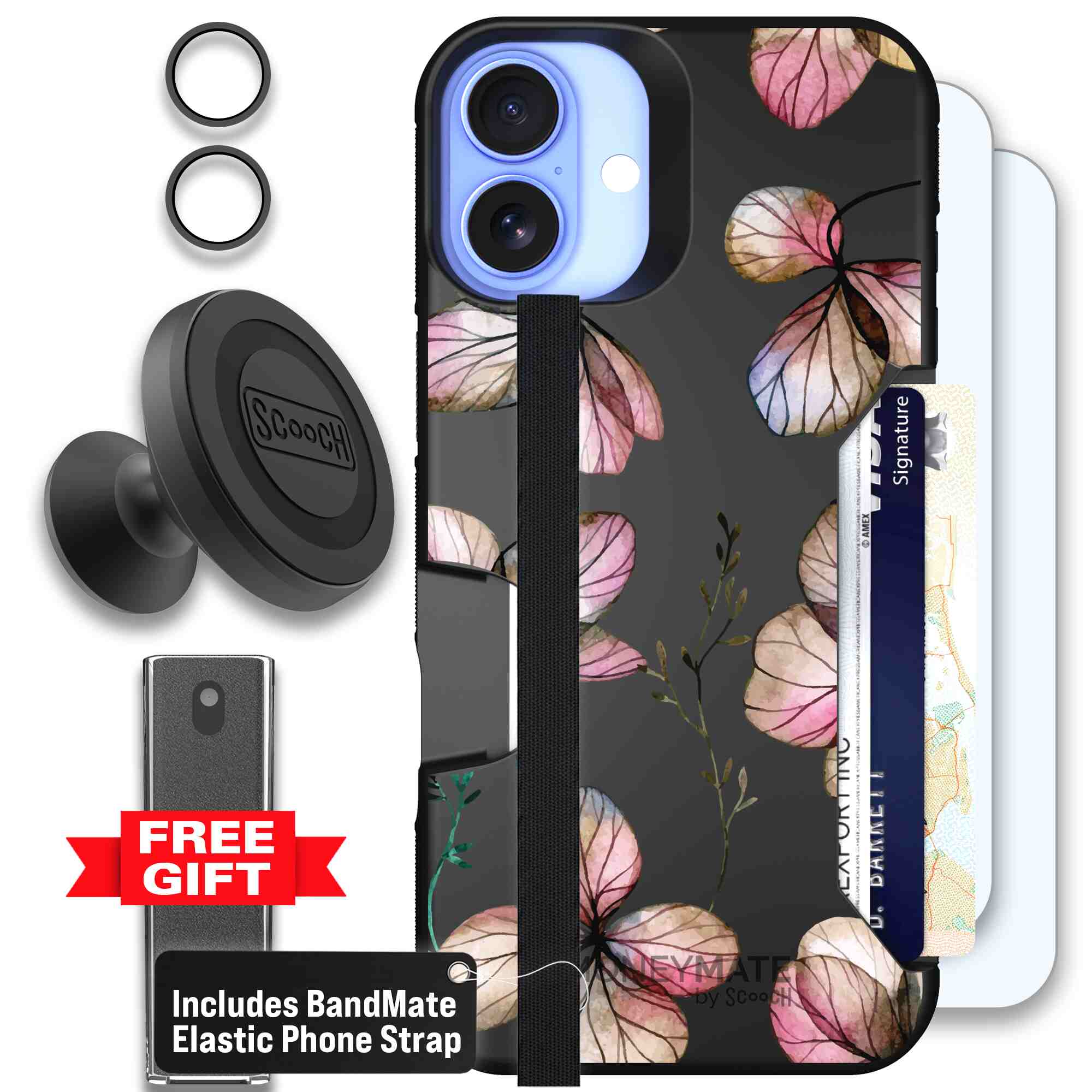 Dried Flowers blush mauve and cream floral pattern on a black Scooch Moneymate case for iPhone 16 Plus - Defender Bundle