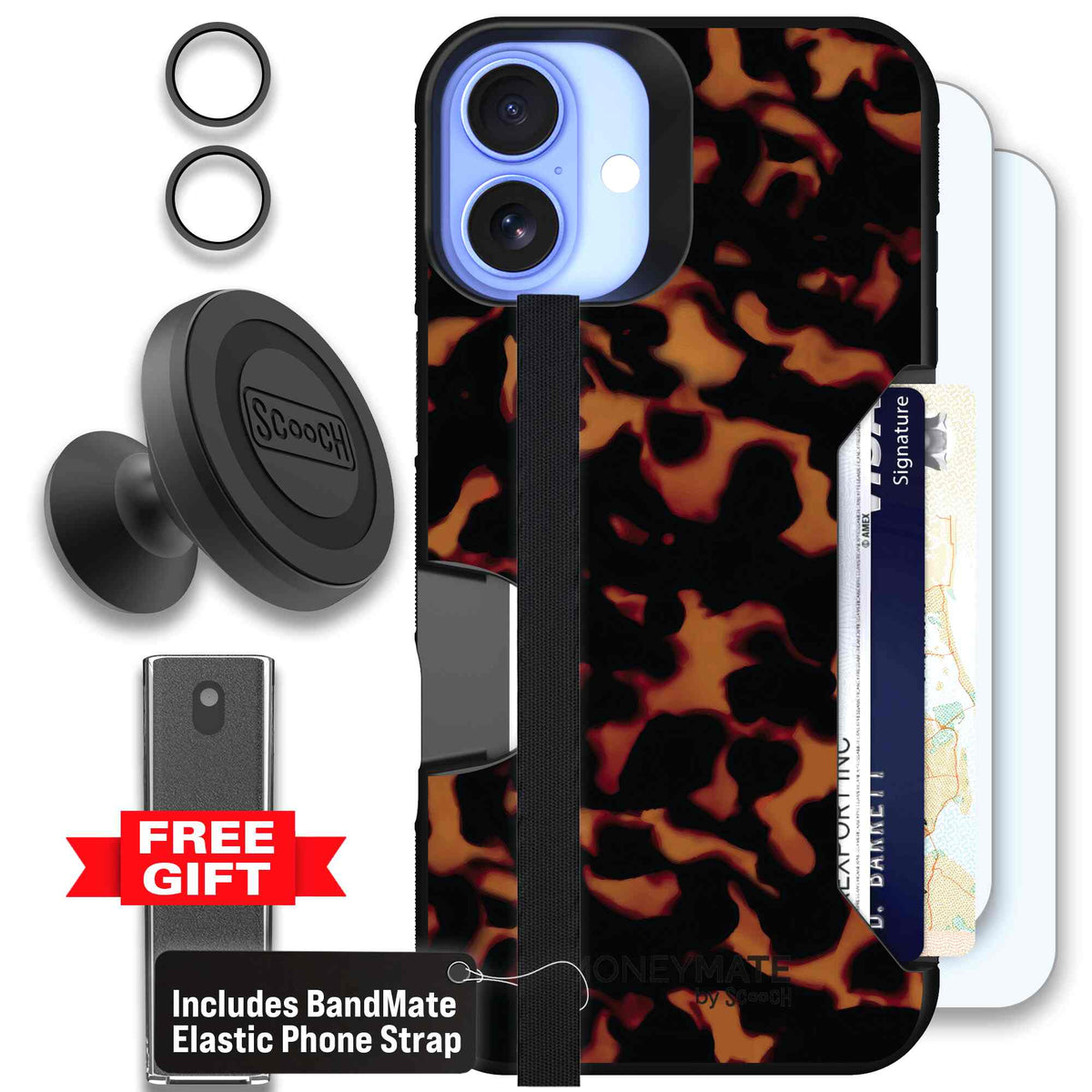 Tortoise Shell amber brown and black mottled pattern on a Scooch Moneymate case for iPhone 16 Plus - Defender Bundle