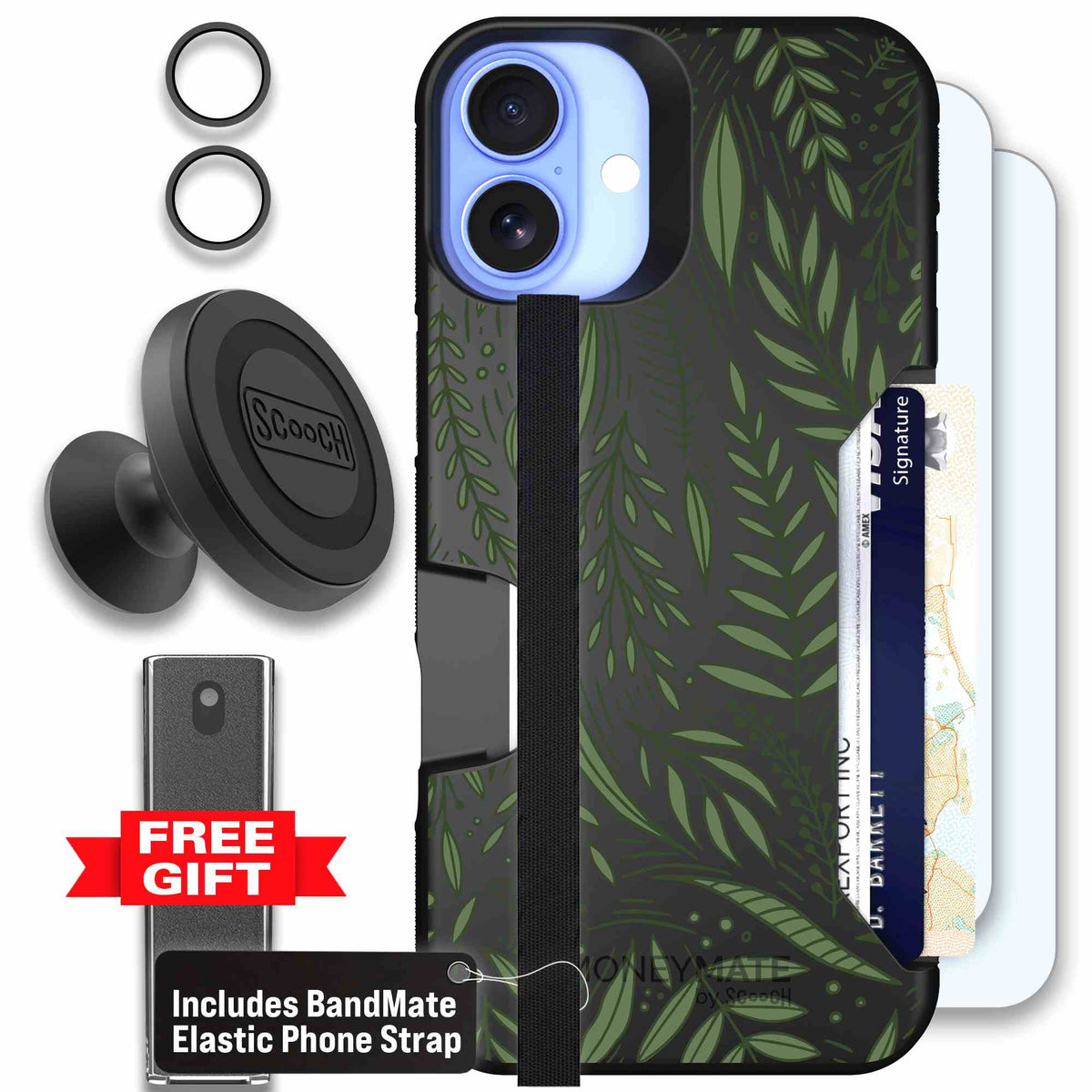 Willow Garden layered green leaves and branches on a charcoal Scooch Moneymate case for iPhone 16 Plus - Defender Bundle