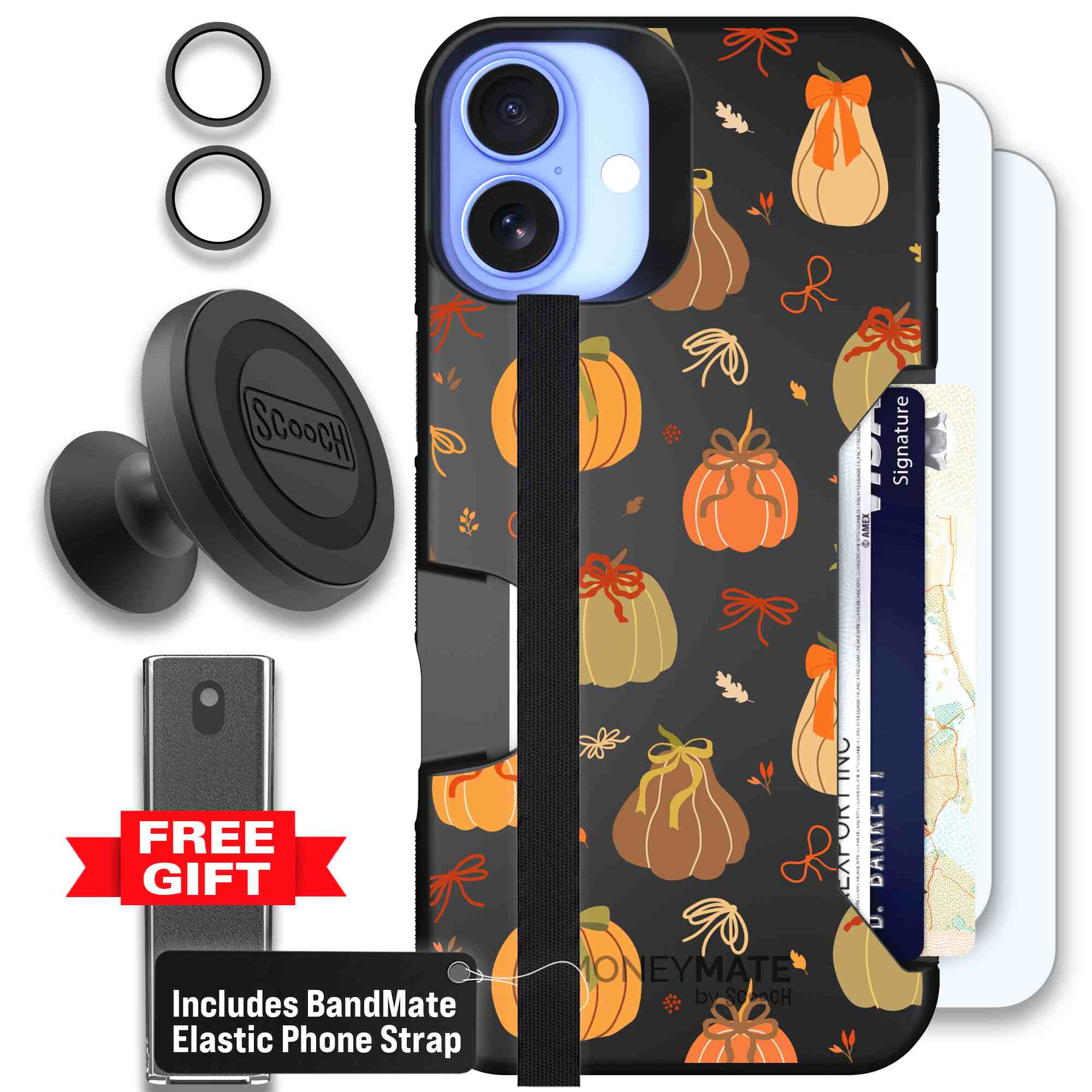 Pretty Pumpkins orange pumpkin and bow pattern on a Scooch Moneymate case for iPhone 16 Plus - Defender Bundle
