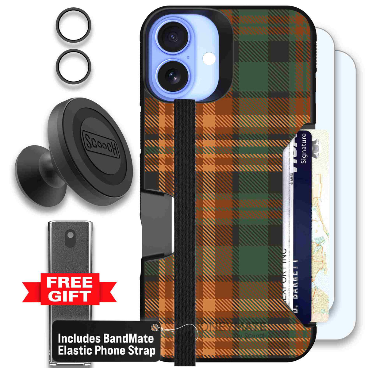Fall Flannel orange and brown plaid pattern on a Scooch Moneymate case for iPhone 16 Plus - Defender Bundle