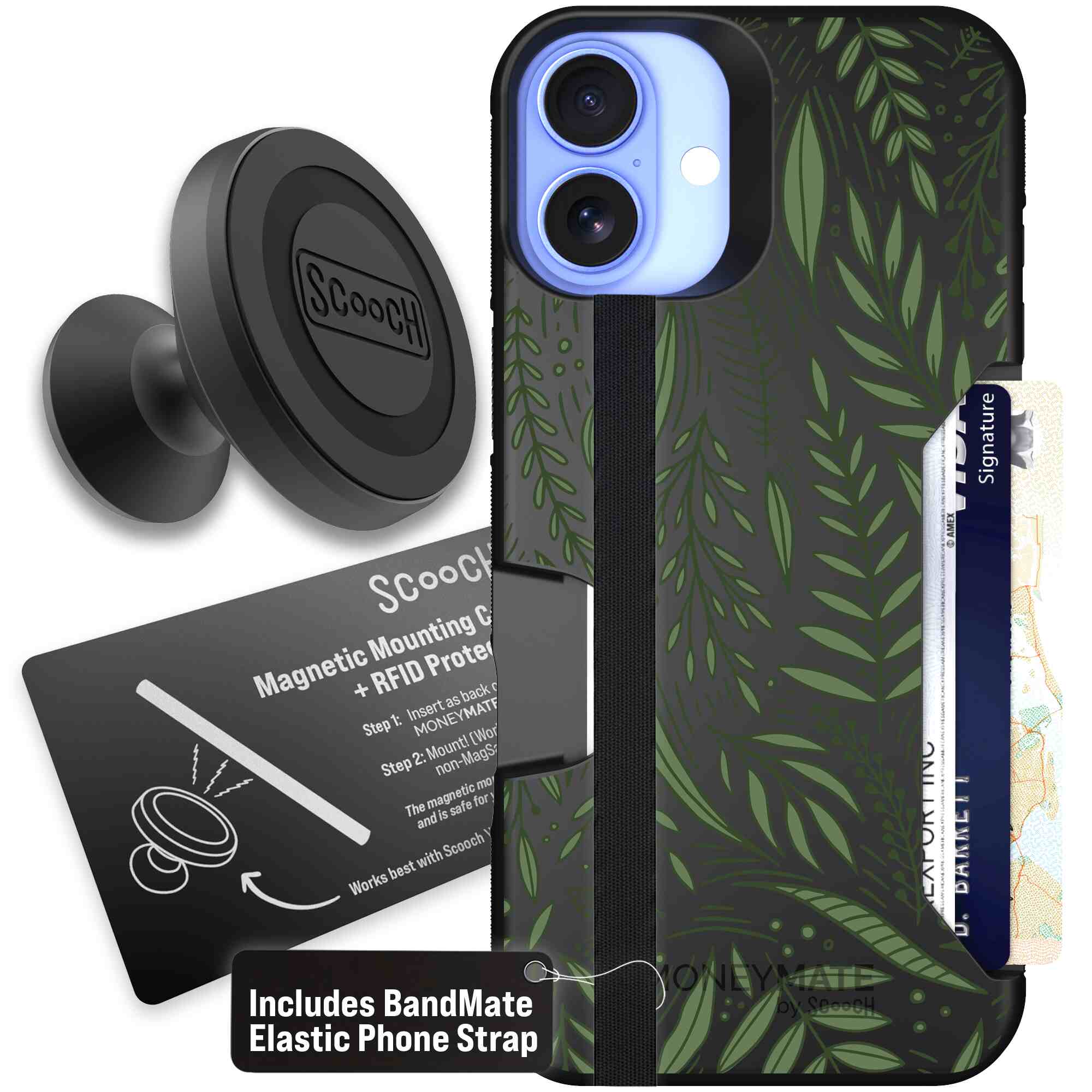 Willow Garden layered green leaves and branches on a charcoal Scooch Moneymate case for iPhone 16 Plus - Starter Bundle