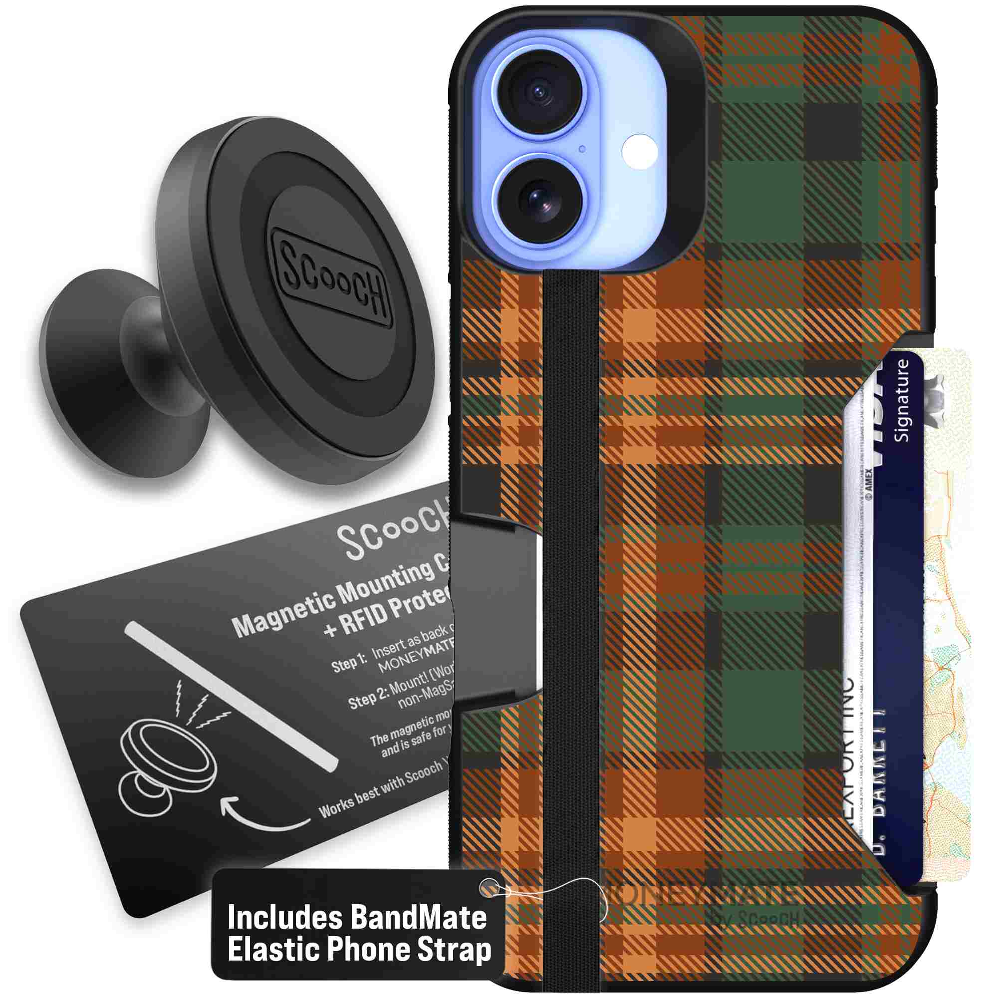 Fall Flannel orange and brown plaid pattern on a Scooch Moneymate case for iPhone 16 Plus - Starter Bundle