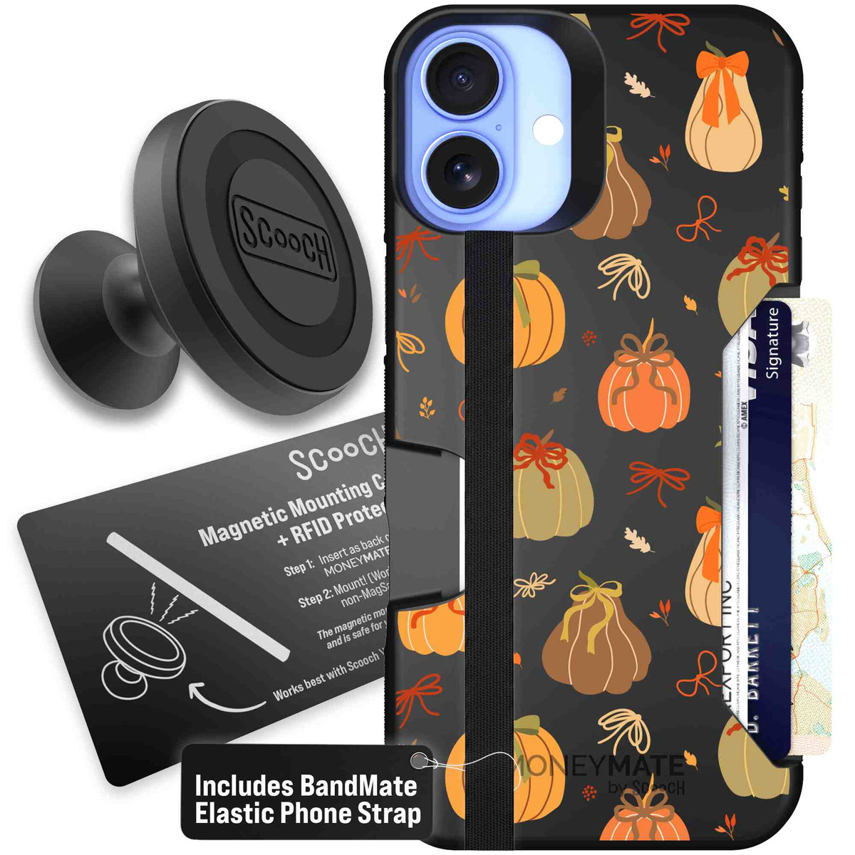 Pretty Pumpkins orange pumpkin and bow pattern on a Scooch Moneymate case for iPhone 16 Plus - Starter Bundle
