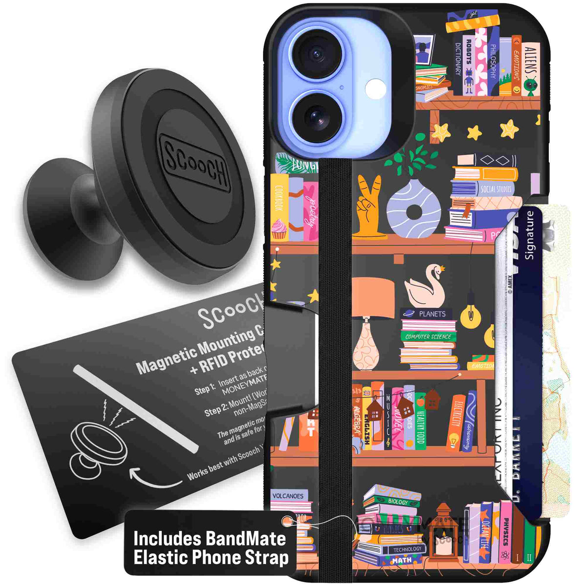 Little Library colorful book and bookshelf pattern on a Scooch Moneymate case for iPhone 16 Plus - Starter Bundle