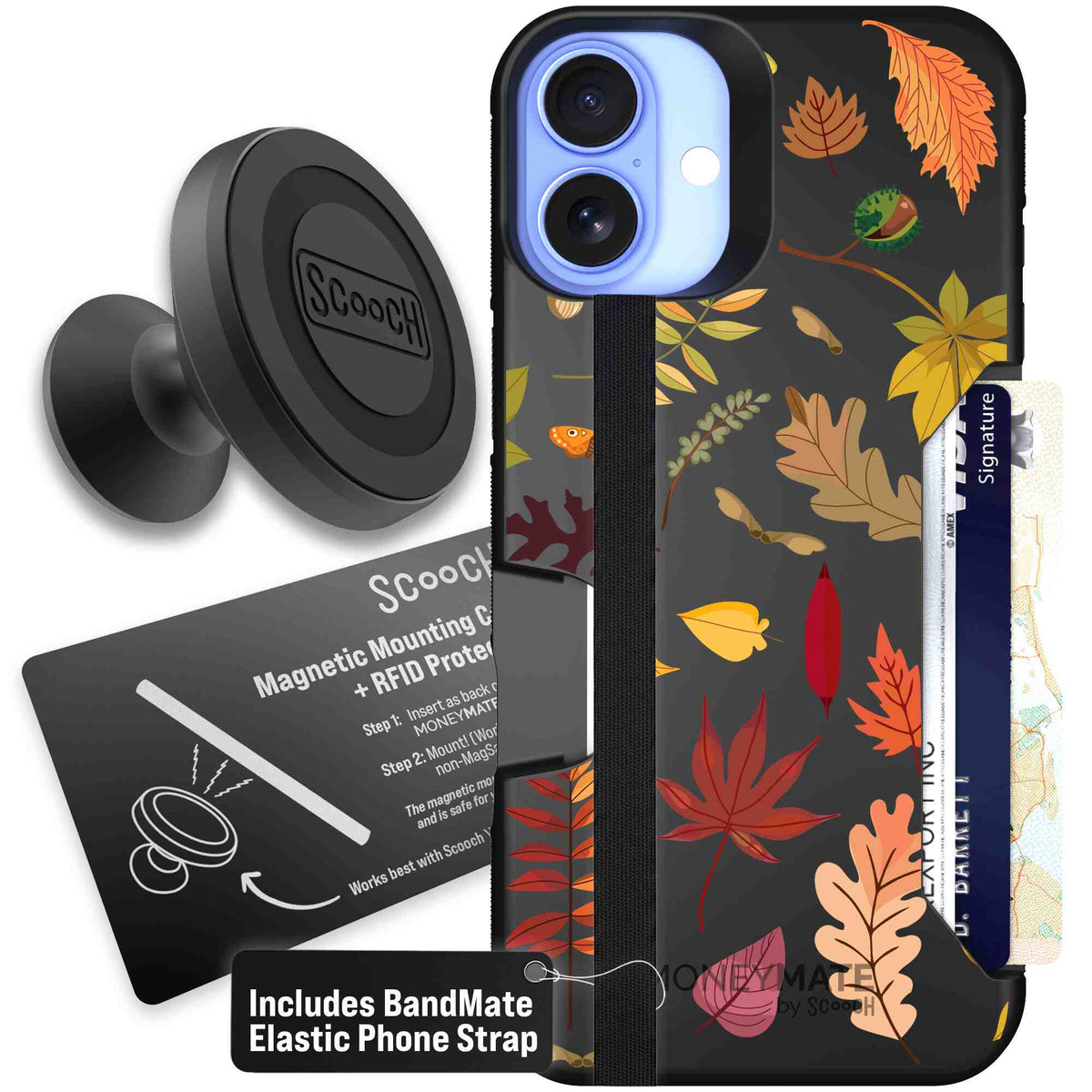Autumn Leaves multicolored fall foliage pattern on a charcoal Scooch Moneymate case for iPhone 16 Plus - Starter Bundle